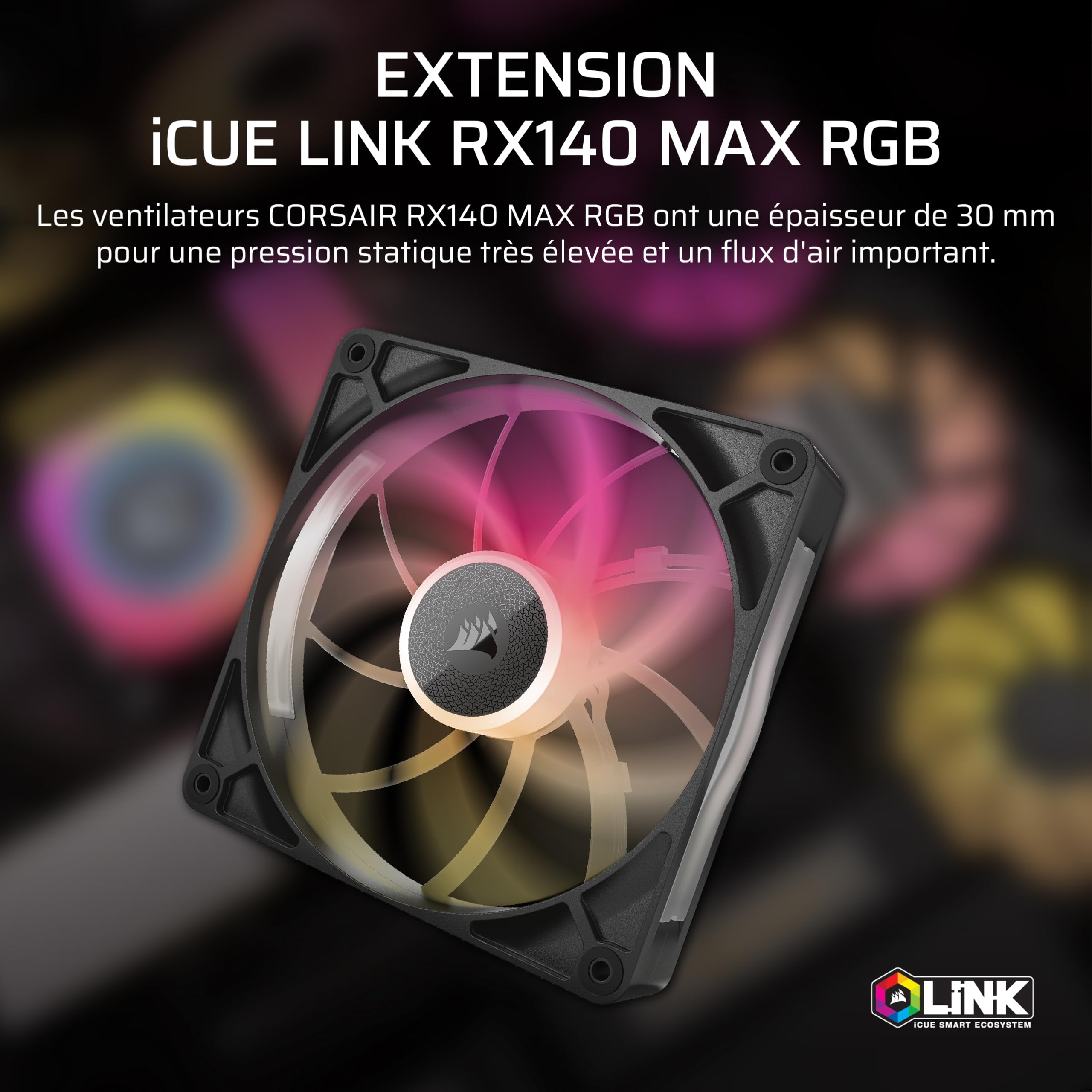 CORSAIR iCUE Link RX140 Max RGB 140mm PWM Ventilateur Épais – Pression Statique Élevée – Palier à Dôme Magnétique – Ventilateur Unique – Noir