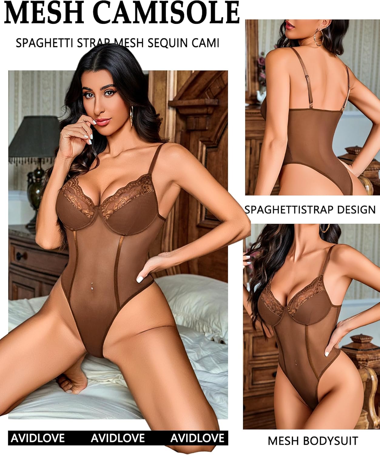 Avidlove Women's Sheer Mesh Bodysuit with Lace Trim Sexy Camisole Date Nights Clubwear - Image 2