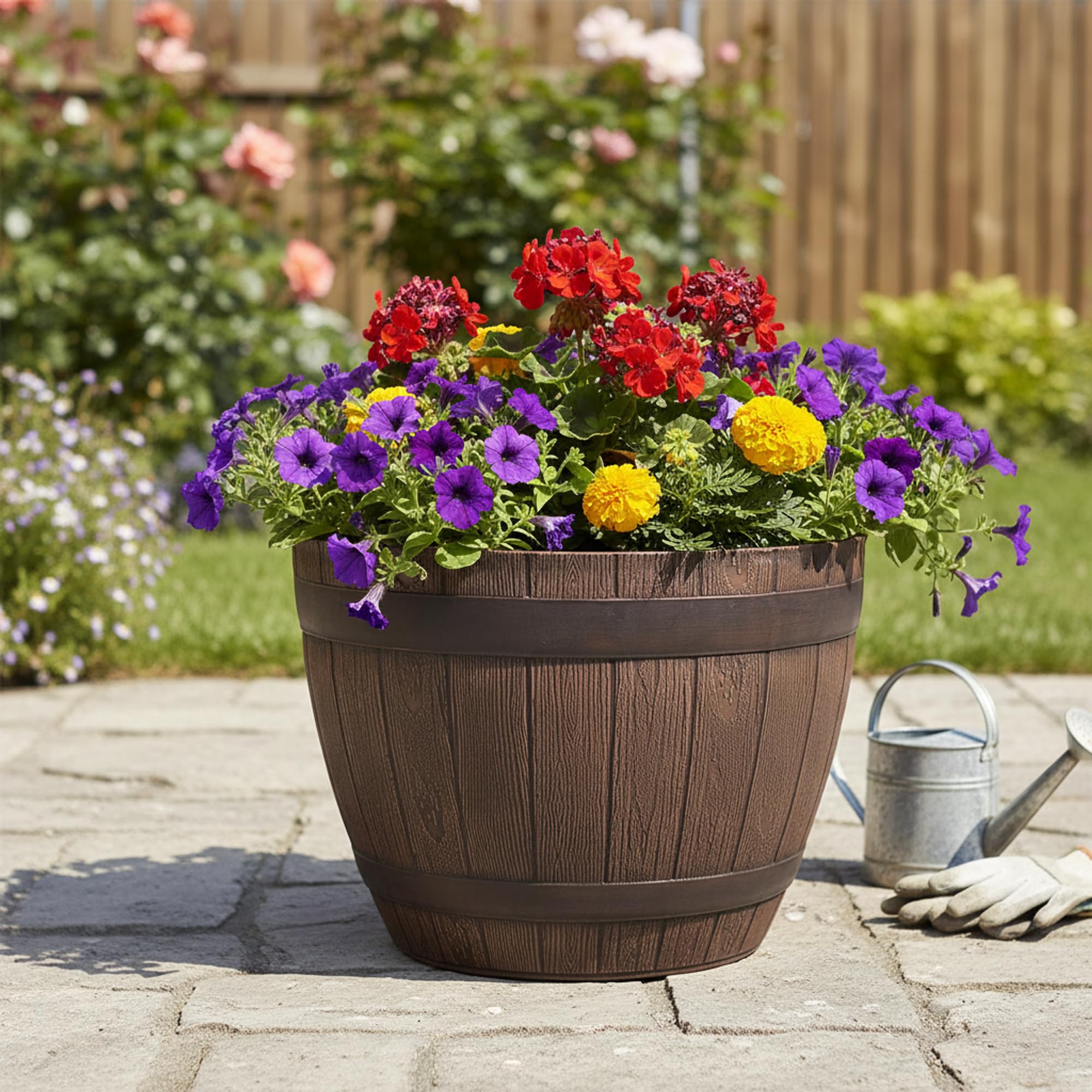 Pot de Fleur Extérieur en Plastique Imitation Bois – Design Tonneau – Ø38 cm – Léger, Résistant Gel & UV, Décoration Jardin & Balcon – Couleur Châtaigne