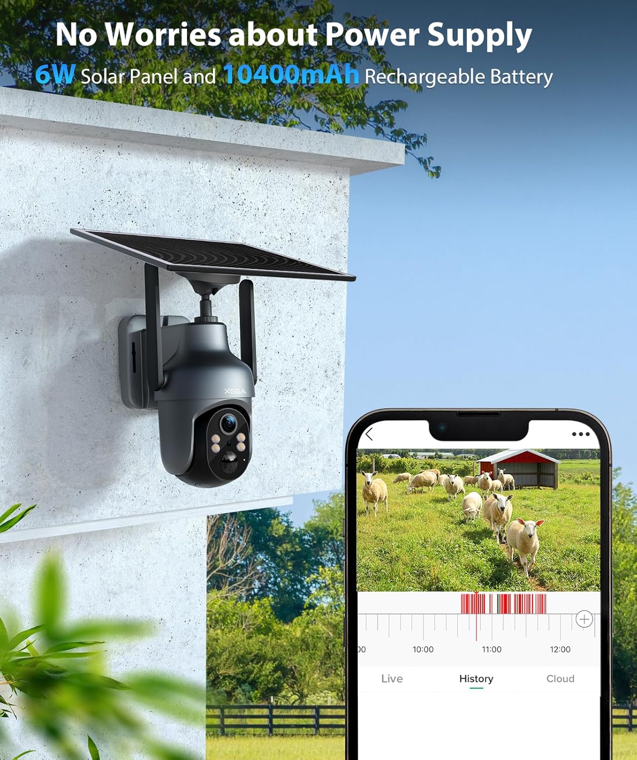 Xega 4G LTE Cellular Security Camera with Built-in Sim Card, Solar Powered Wireless Outdoor Security Camera, 2K Super HD PTZ 360° View PIR Motion Detection, Color Night Vision, 2 Way Talk, IP66 - Image 3