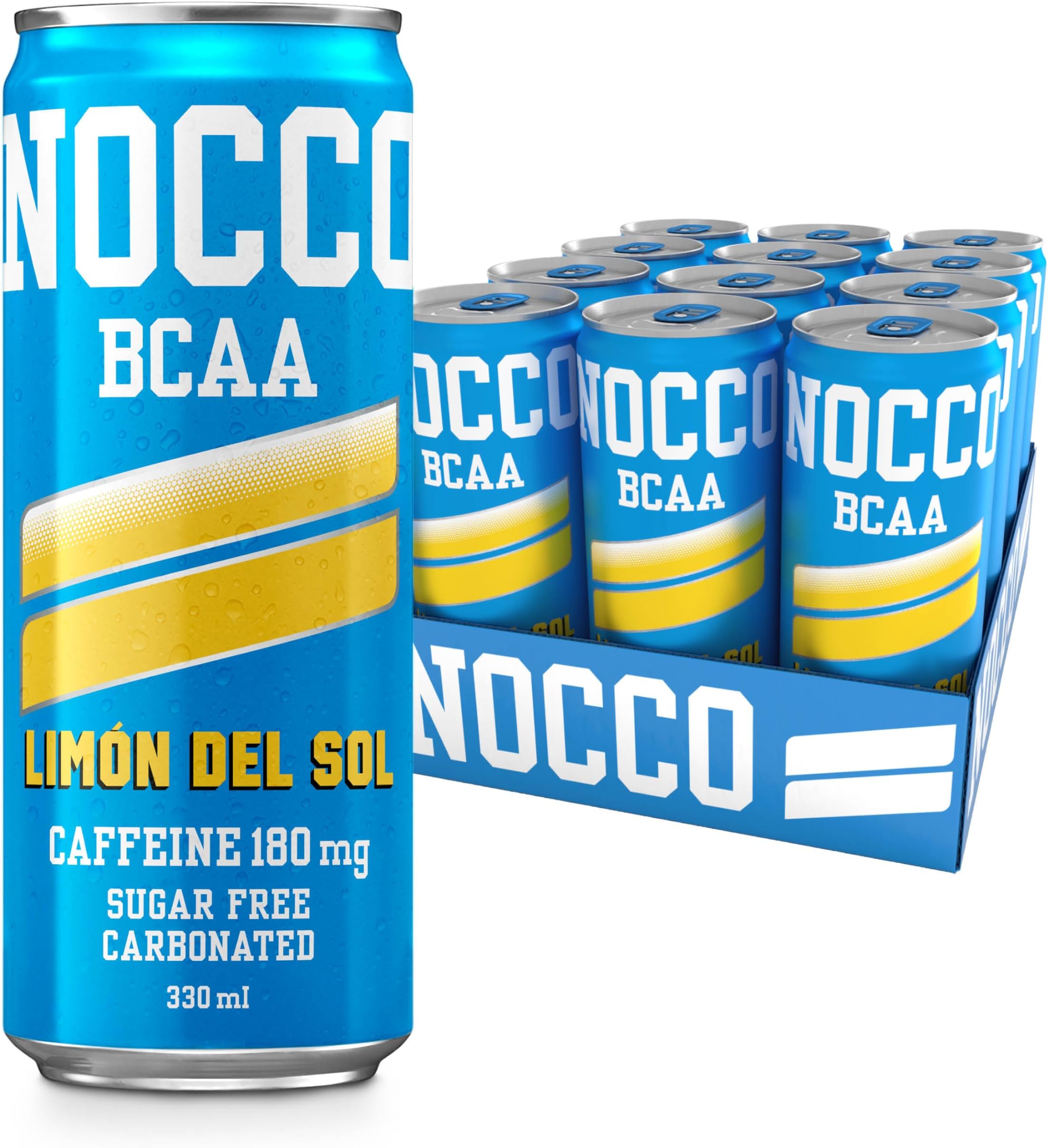 NOCCOEnergy Drink | BCAA, 180mg Caffeine sugar free drinks enhanced with amino acids and vitamins | pre workout fizzy drinks 12 x 330ml (Limon Del Sol)