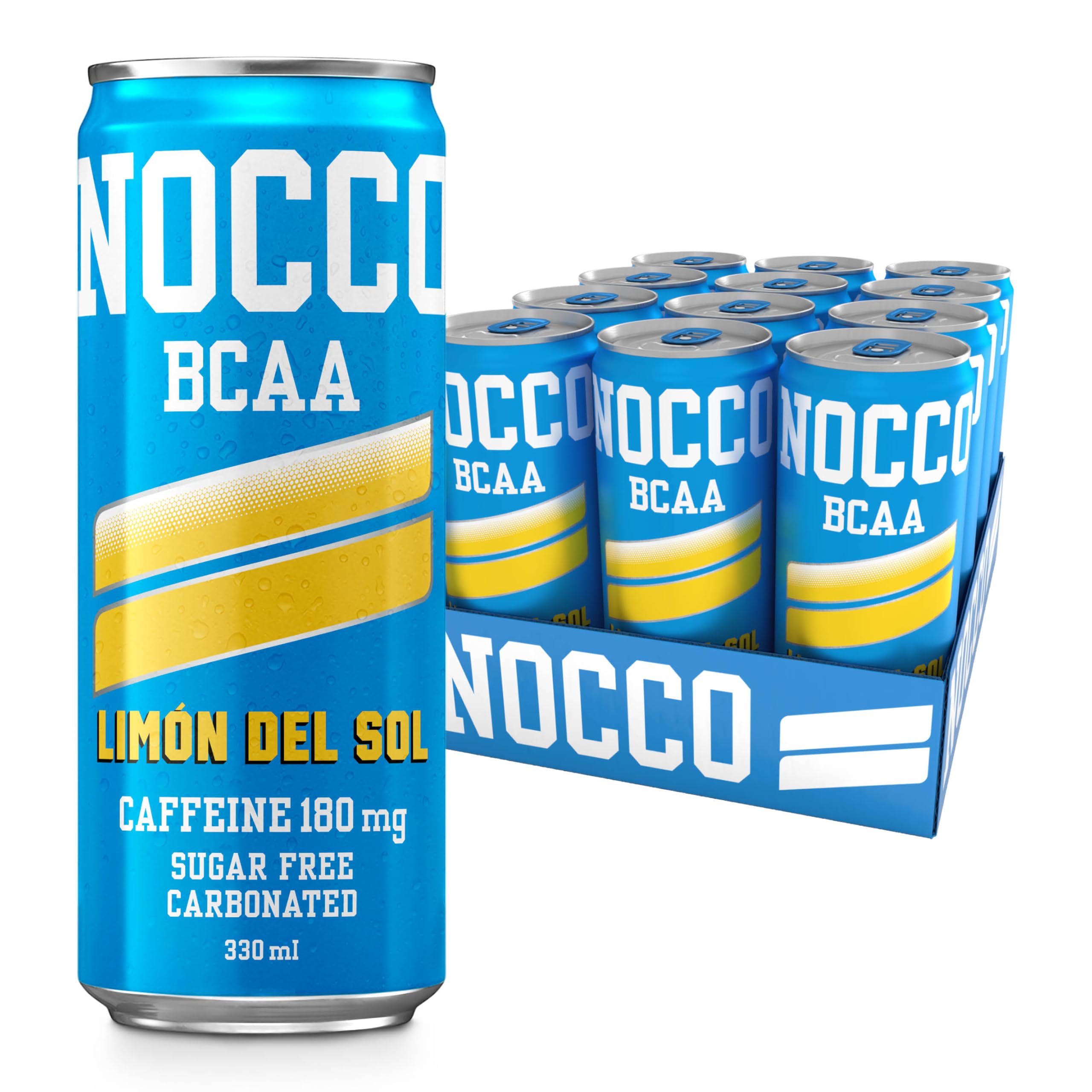 NOCCOEnergy Drink | BCAA, 180mg Caffeine sugar free drinks enhanced with amino acids and vitamins | pre workout fizzy drinks 12 x 330ml (Limon Del Sol)