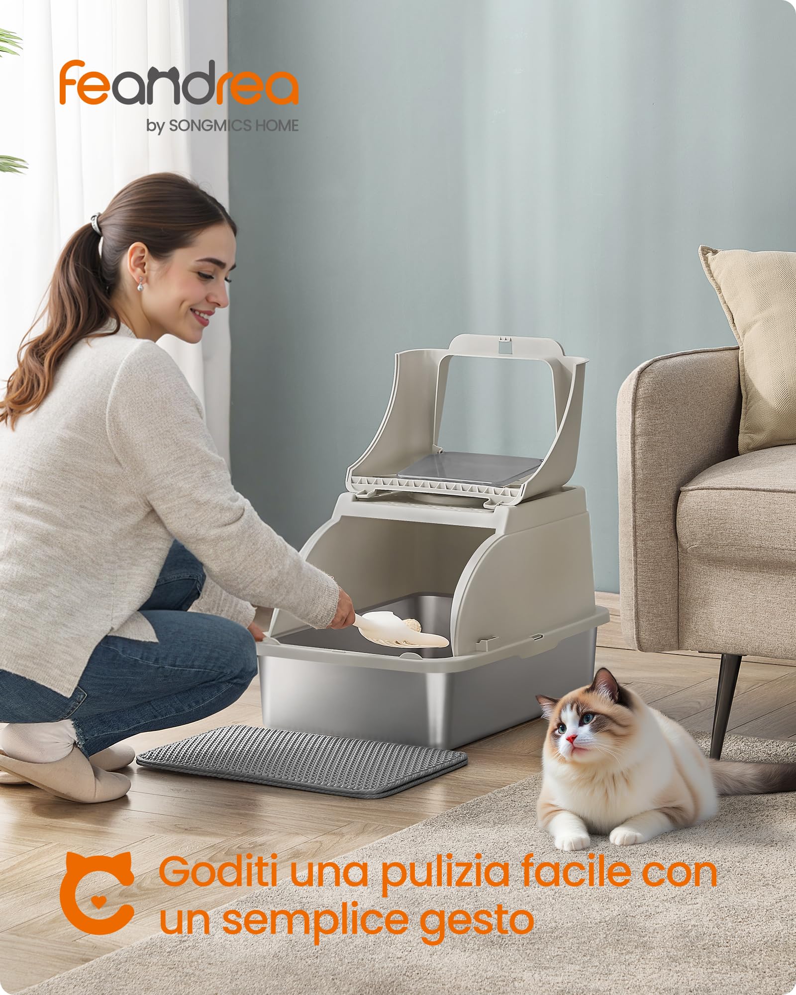 Feandrea Lettiera per Gatti in Acciaio Inossidabile con Coperchio Ribaltabile, Lettiera Chiusa XL Anti Perdite, Paletta, Spazzola, Doppio Ingresso, per Gatti fino a 15 kg, Beige Cappuccino PPT005K01