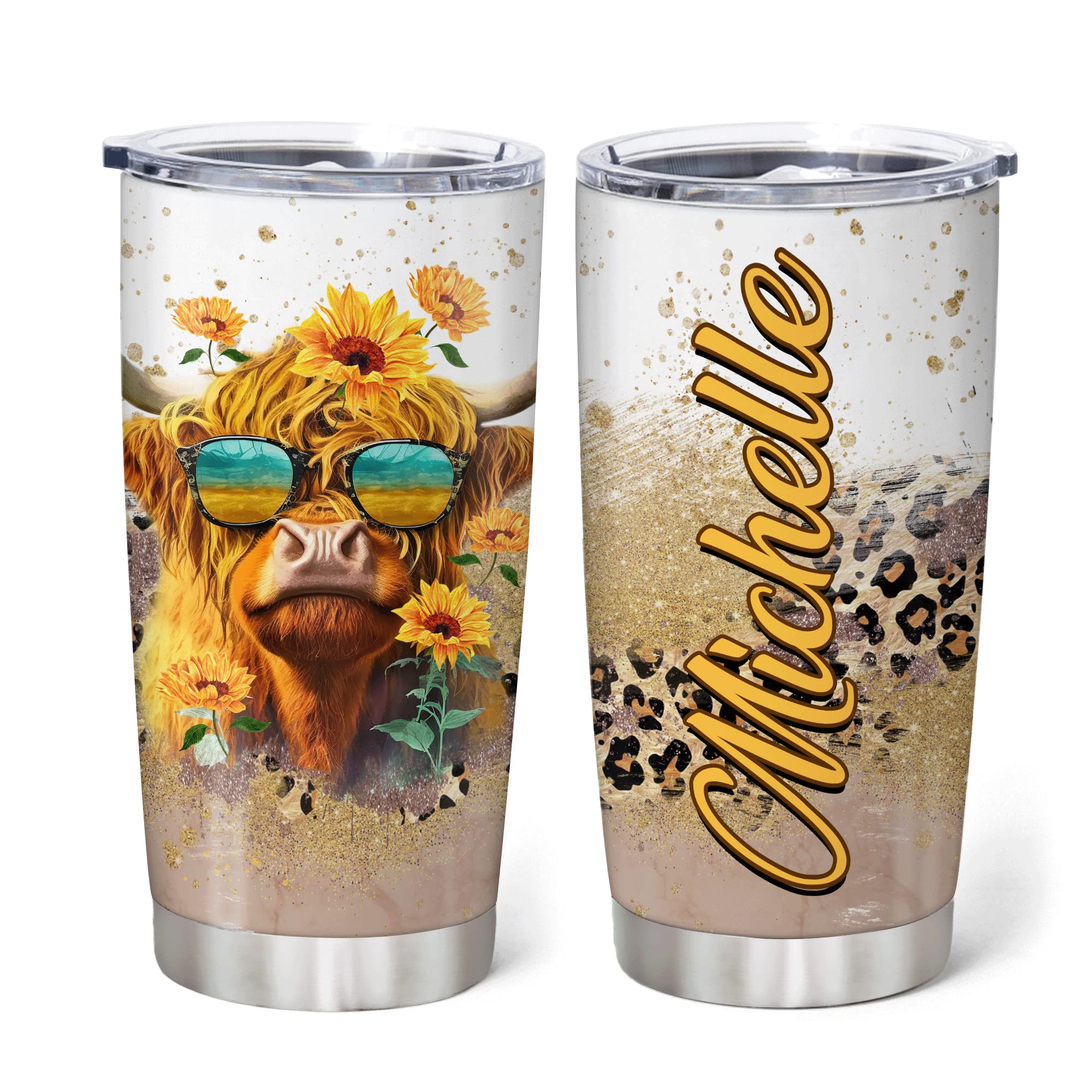 Hyturtle Personalized Gifts For Highland Cow Lover - Highland Cow Customized Name Stainless Steel Tumbler 20oz With Lid - Idea Farm Animals Lover Gifts For Women, Girl, kids On Birthday, Christmas