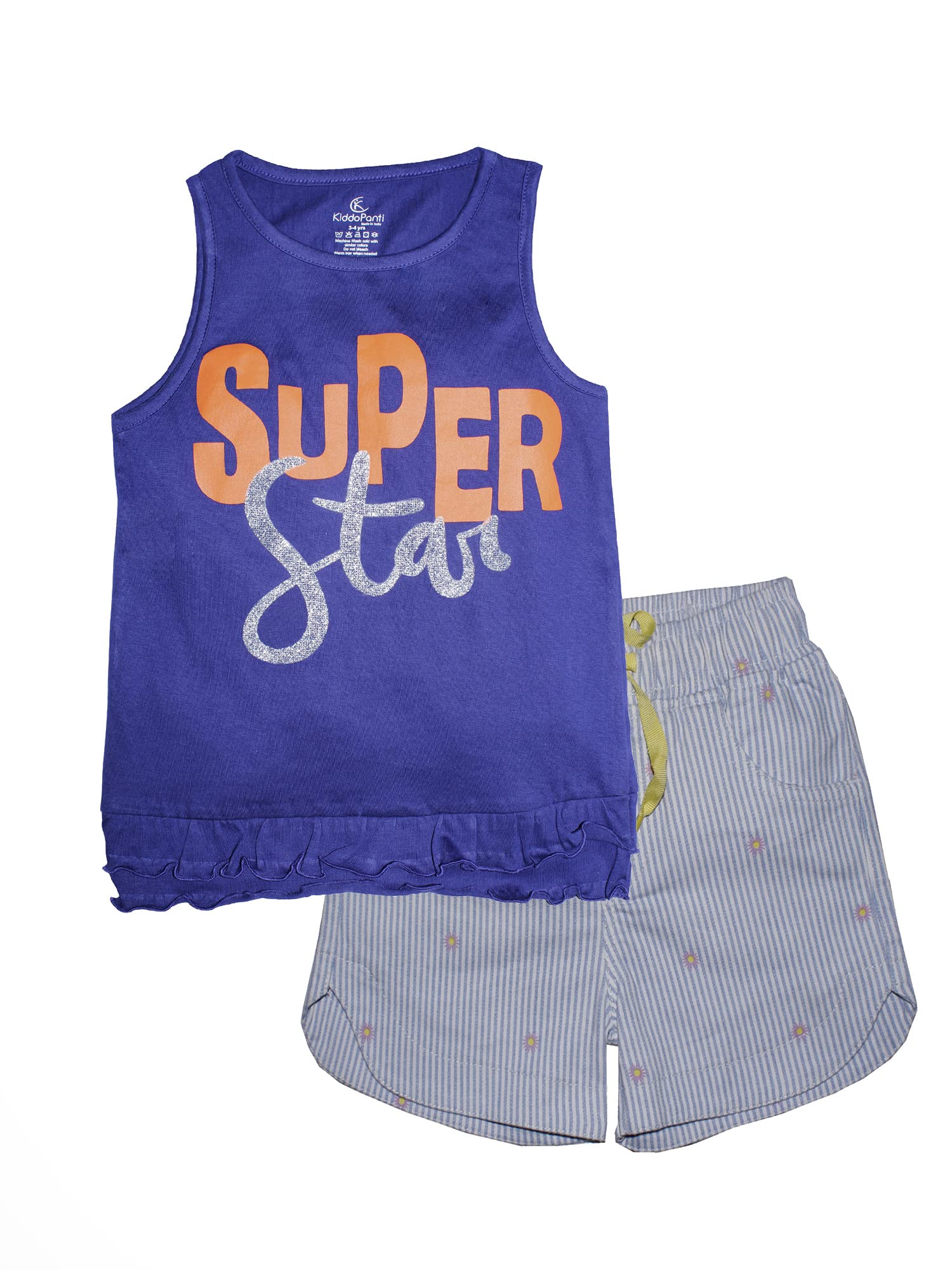 Girls "Super Star" Print Sleeveless Tee & Stripe Printed Woven Hot Short Set