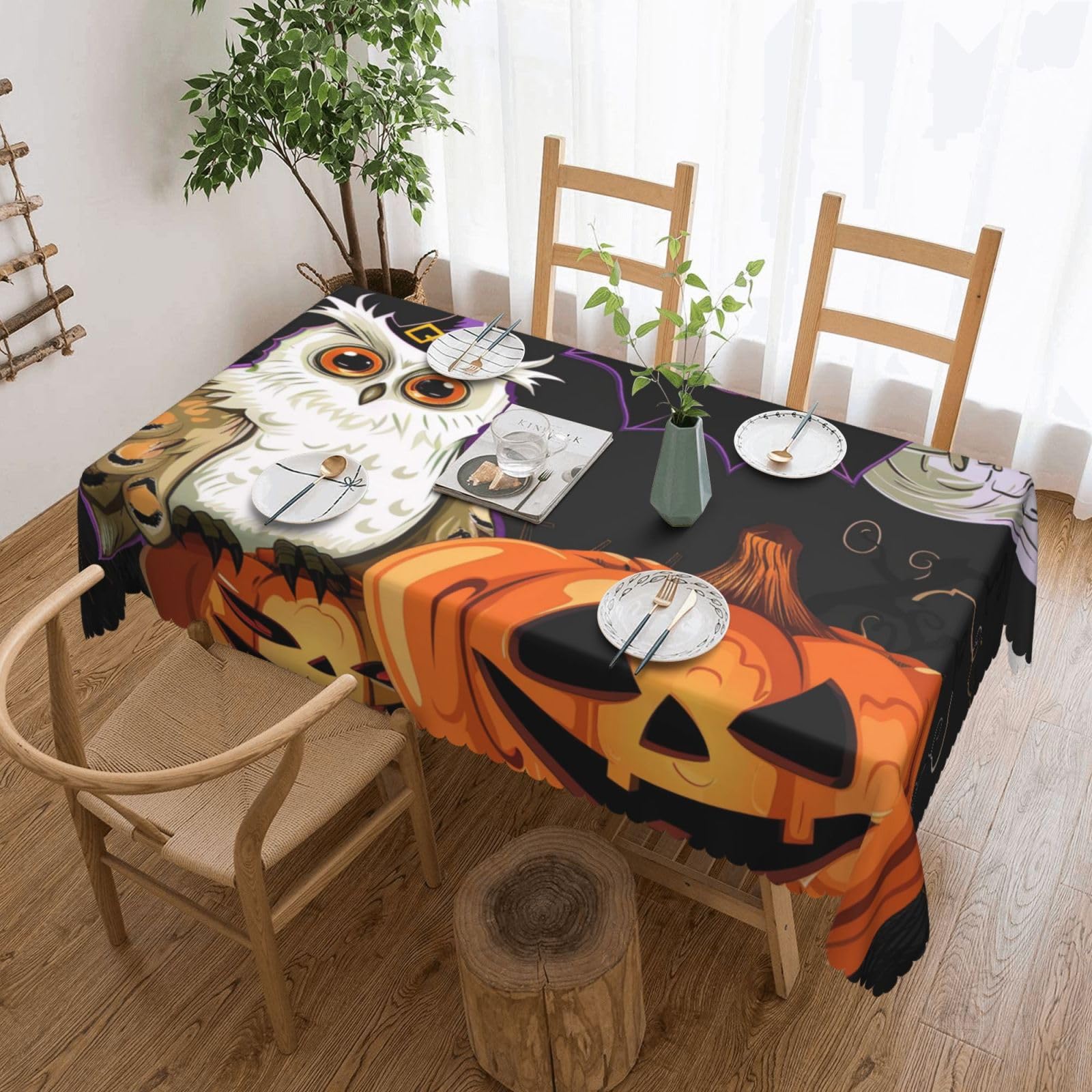 WPKJU Halloween Owl Ghost Pumpkin Printed Rectangle Tablecloth 72x54 Inch with Lace Trim, Water-Resistant Washable Table Cover for Farmhouse Weddings, Outdoor Picnics & Holiday Dining
