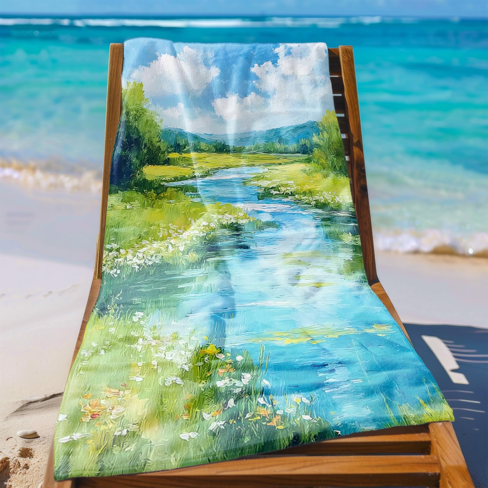 Beach Towel 80x160 River Blue Green Microfibre Quick Dry Towel for girls,Pool Swimming Travel Towels,Sand-Resistant, Absorbent, Lightweight