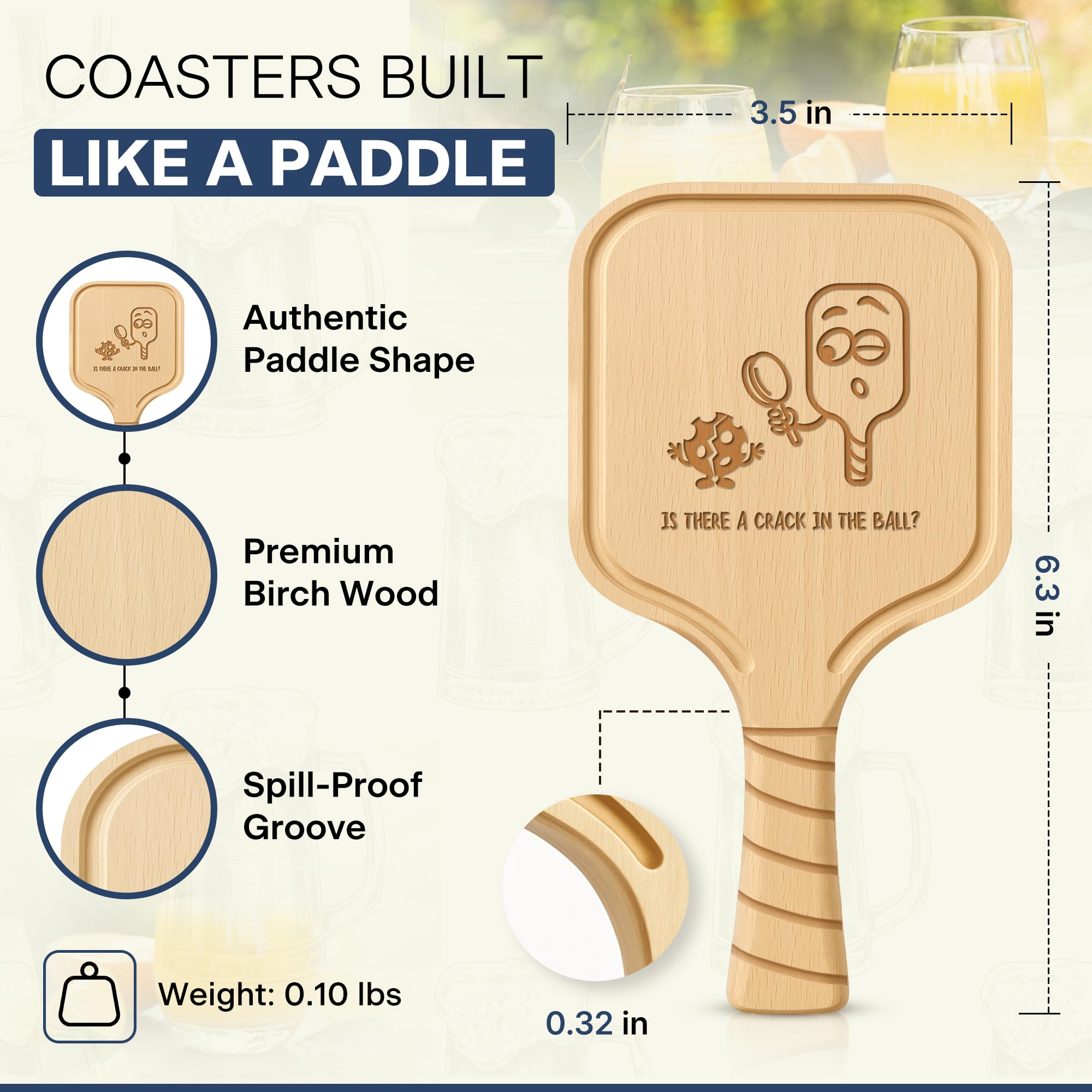 Pickleball Paddle Drink Coasters Set of 4 – Funny Excuses Gift for Pickleball Lovers, Men & Women – Premium Birch Wood Coasters, Gift-Ready Box for Birthdays, Mother’s & Father’s Day, or Game Nights