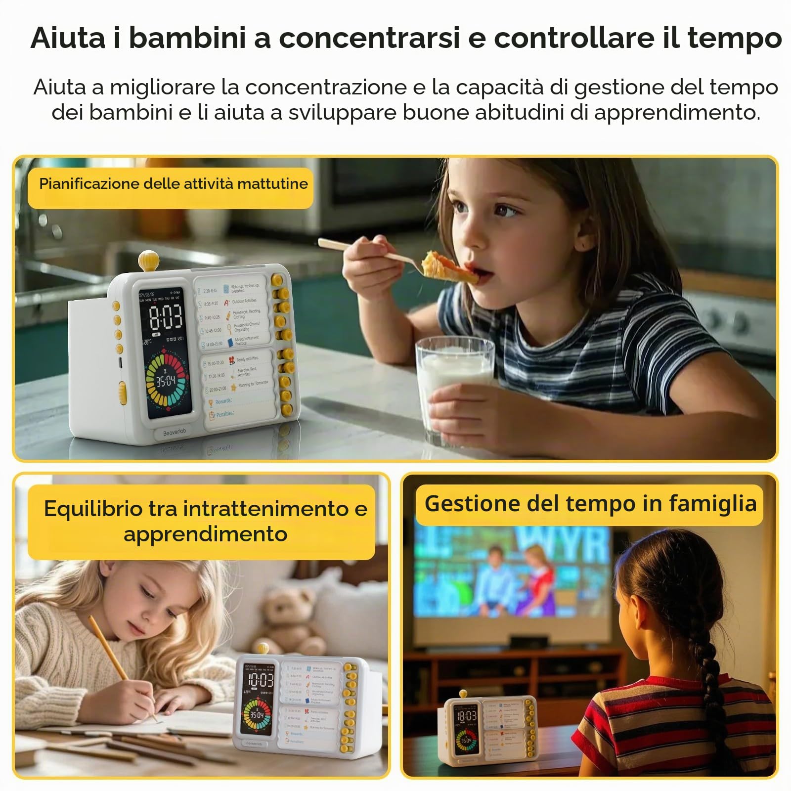 BEAVERLAB - Agenda settimanale per bambini, con timer visivo, routine per bambini, con sveglia, lista di controllo ADHD per attività e cucina