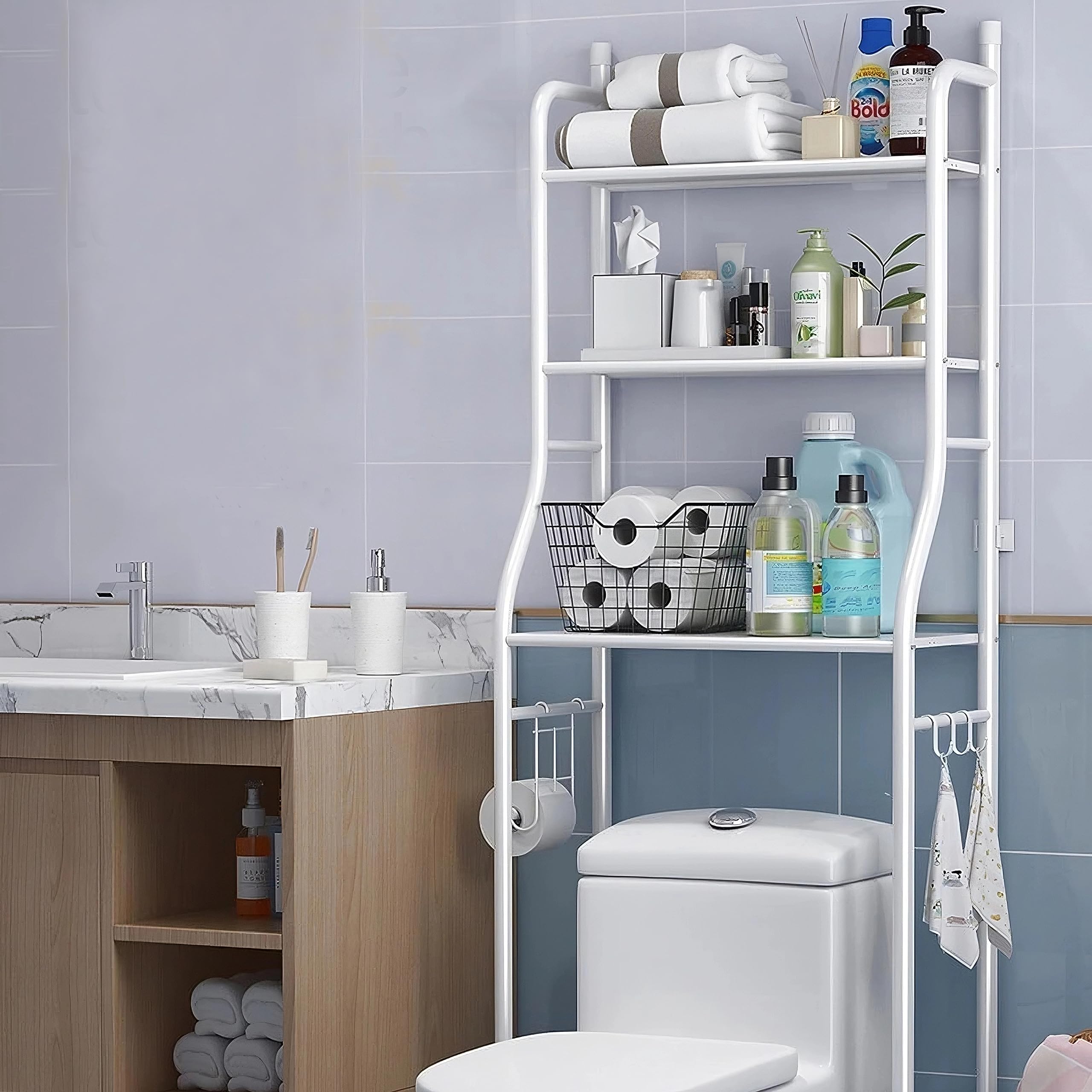 Retoo Toilettenregal, Badezimmerregal, Waschmaschinenregal, 3 Badregal offenen Ablagen, WC Regal, Platzsparend, Leicht zu montieren, Waschmaschinenüberbau Multifunktional mit viel Stauraum