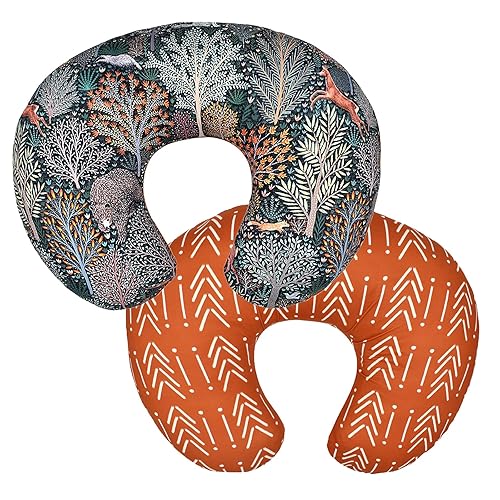 Paquete de 2 fundas de almohada de lactancia para bebé, recién nacido, en forma de U, fundas de cojín elásticas reemplazables de bosque y floral,