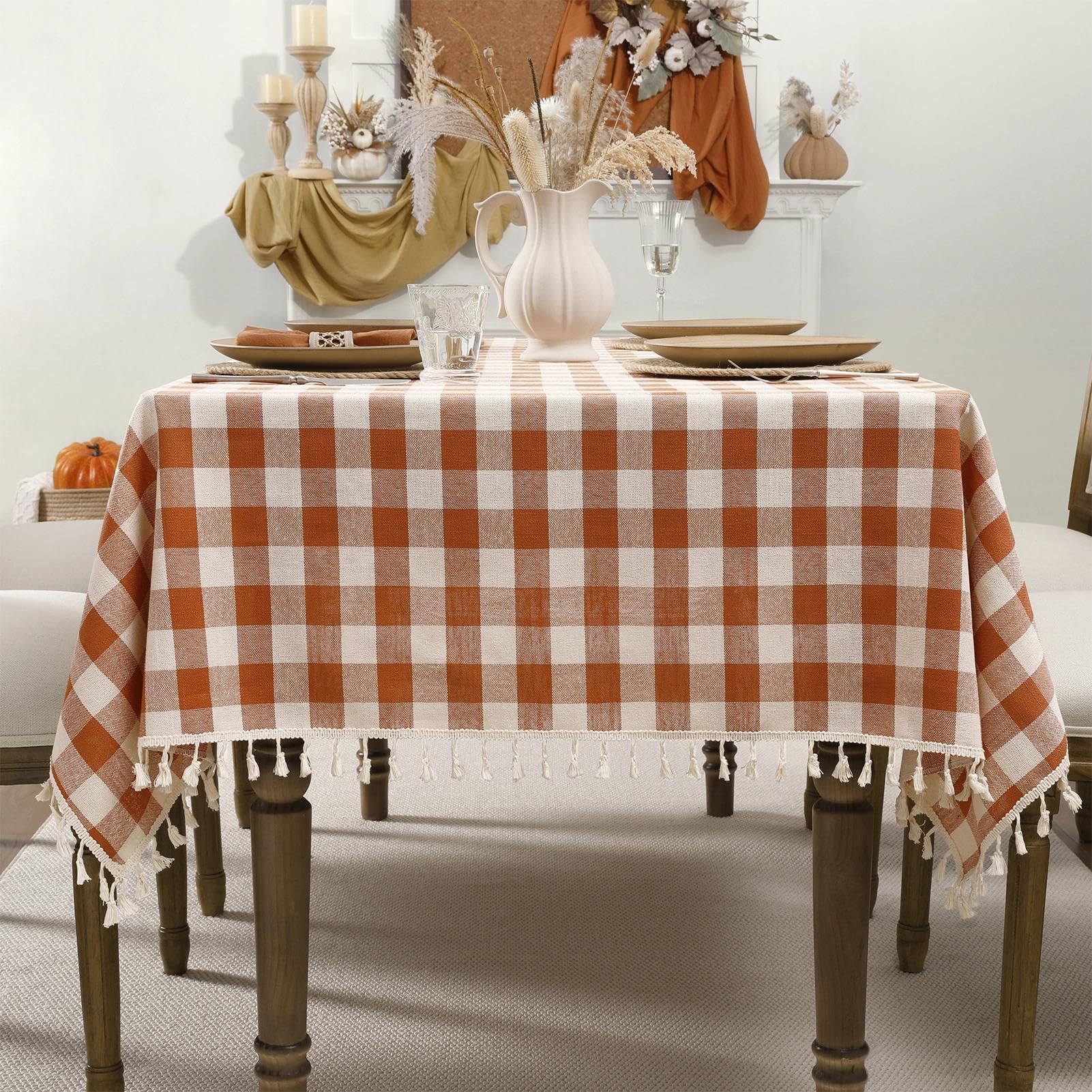 Romanstile Fall Gingham Tassel Tablecloth Rectangle - 55 x 84 Inch, Orange