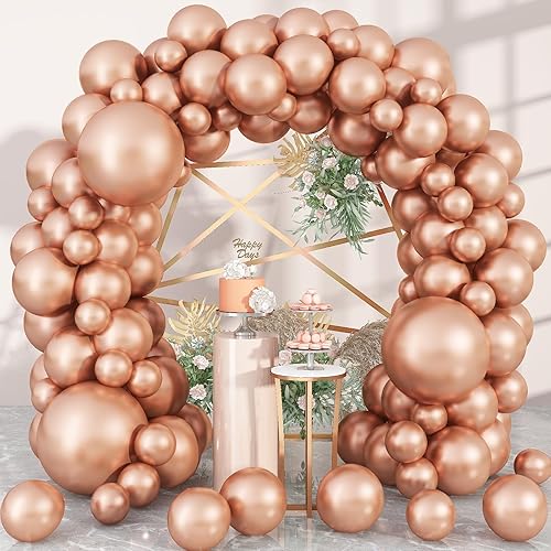 Globos de oro rosa, 113 unidades, diferentes tamaños metálicos de color oro rosa y helio, kit de arco de globos de látex de 1812105 pulgadas, globos