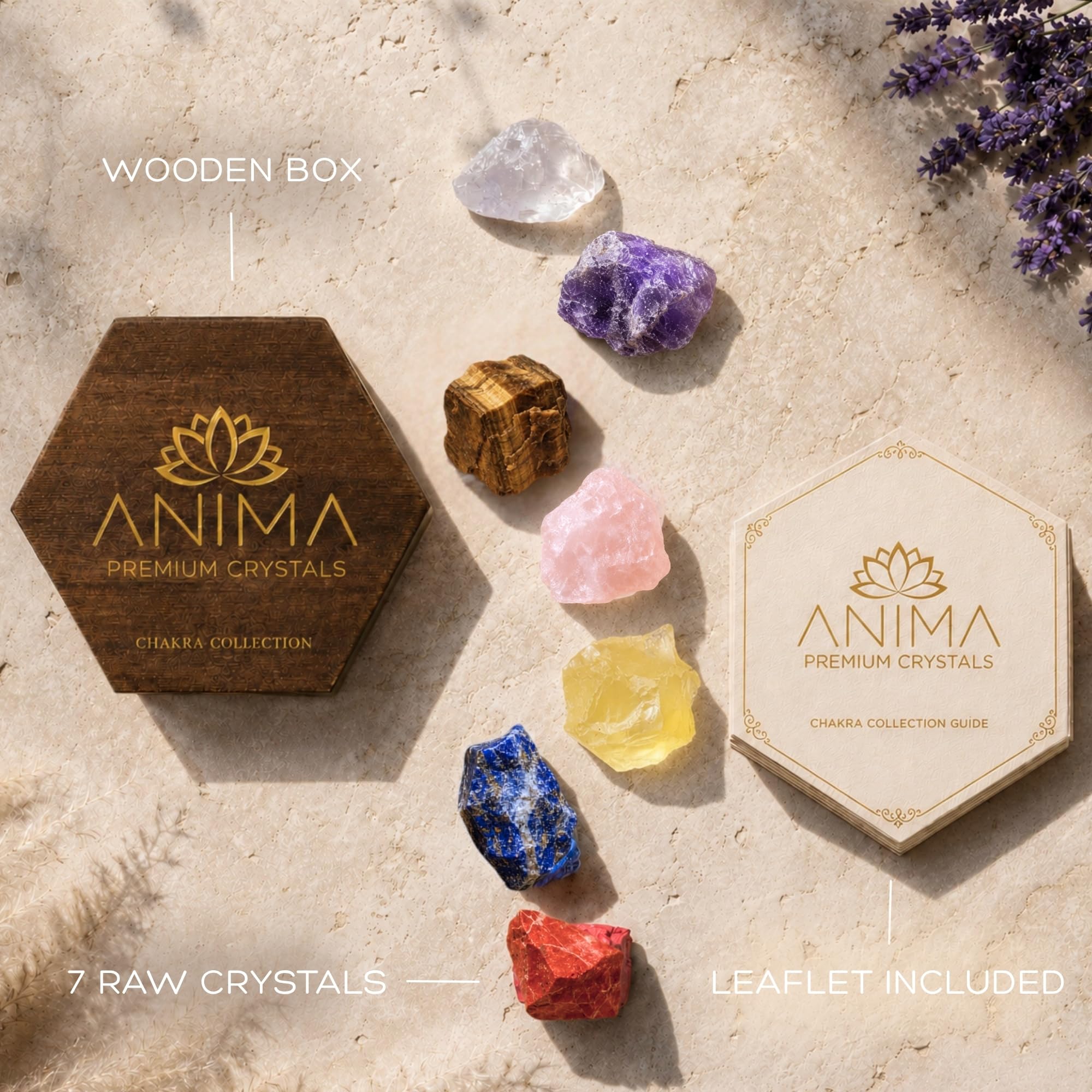 Anima Set di Cristalli 7 Chakra Premium – Ametista Grezza, Quarzo Rosa, Citrino, Lapislazzuli, Quarzo Ialino, Occhio di Tigre e Diaspro Rosso – Scatola in Legno & Guida