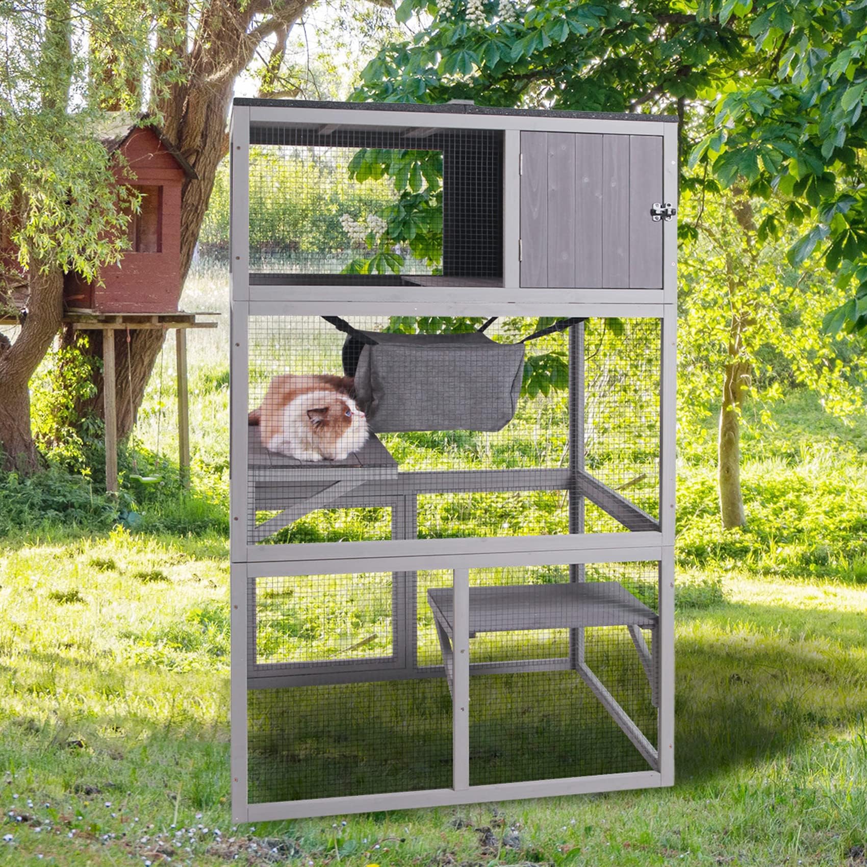 YITAHOME Grote kattenkooi met 4 niveaus voor binnen met hangmat, 4 deuren, 3 ladders, buitenkattenbehuizing Catio metaaldraad, dichte kennels voor 1-3 katten, kleine dieren, doe-het-zelf afneembare
