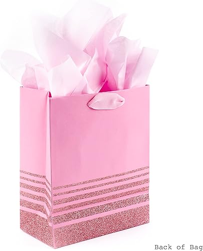 Miniatura 4 de Hallmark - Bolsa de regalo con papel de seda tamaño grande diseño de lunares color rosa M Rayas rosadas medias