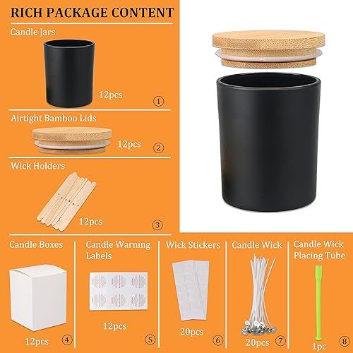 Miniatura 2 de MILIVIXAY Paquete de 12 tarros de vela de vidrio negro mate de 12 onzas con tapas y kits de fabricación de velas, tarros de velas vacíos a granel