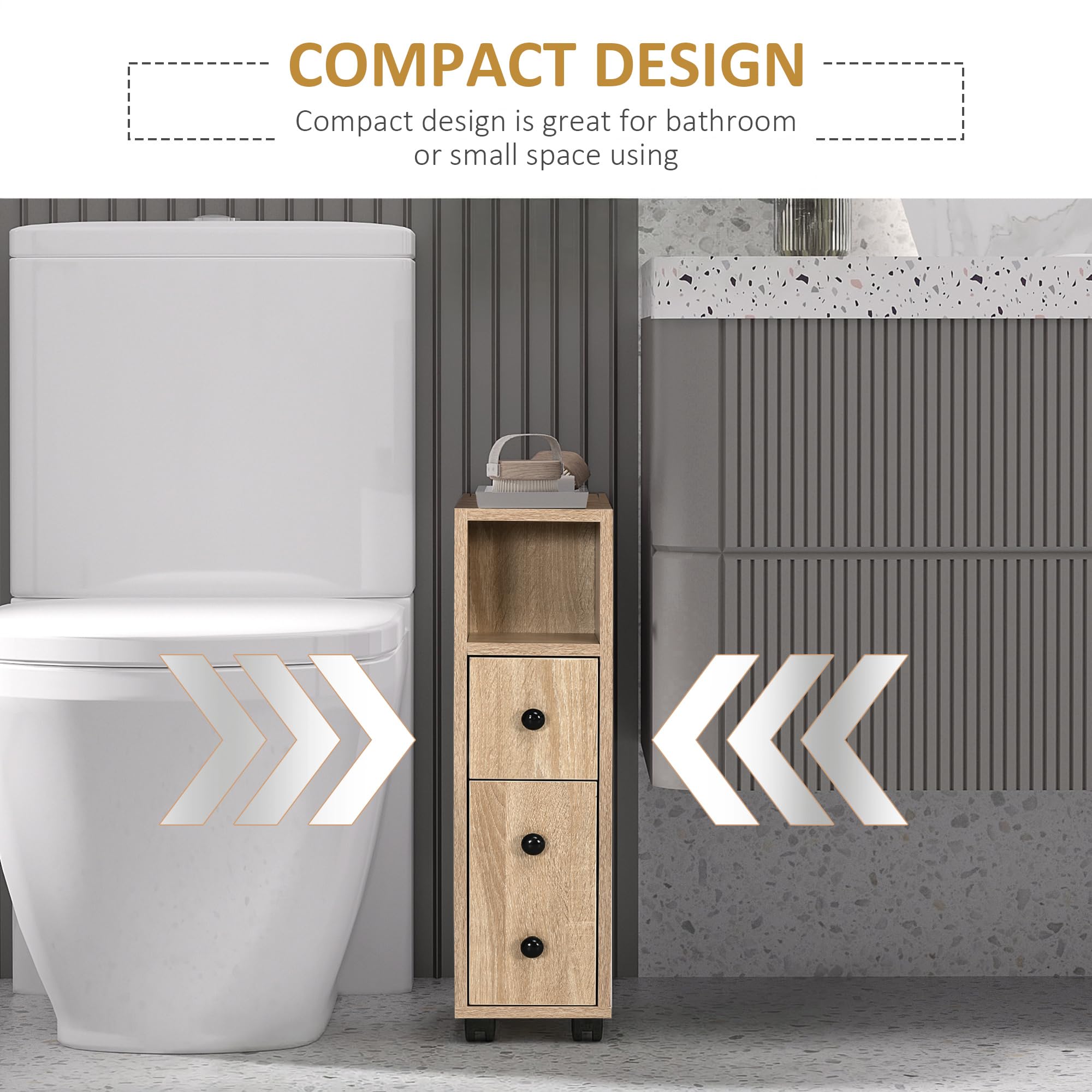 kleankin Armario de Baño con 4 Ruedas Mueble Auxiliar para Baño con Estante Abierto Puerta y Cajón para Espacio Reducido 18x30x68,5 cm Roble