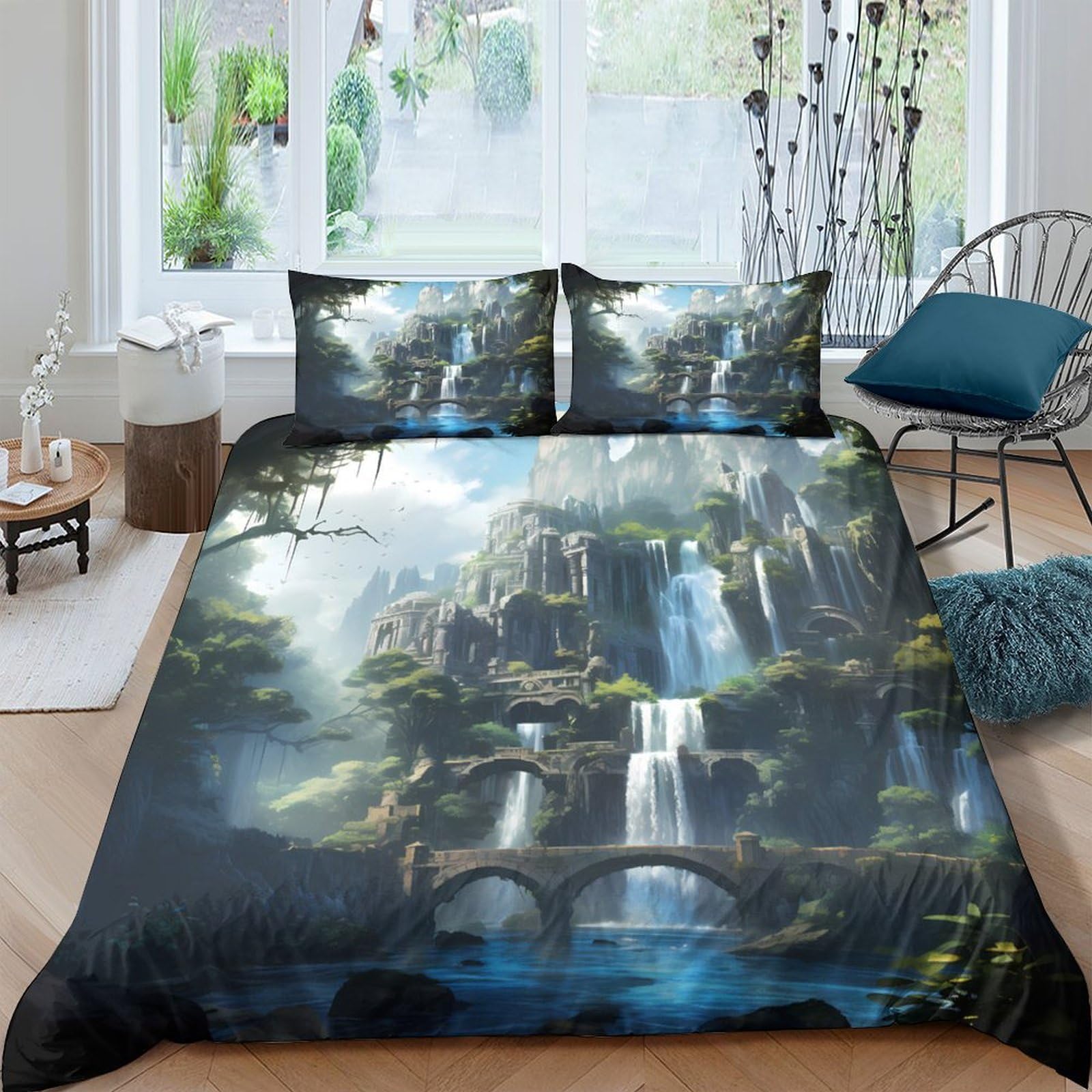 Ctjqhvkz Style-7 3D Printed Fantasy Waterfall Fitted Sheet Microfiber Soft Scenic Forest Mattress Cover For Bedroom Guest Room Decor Single（135X200cm）