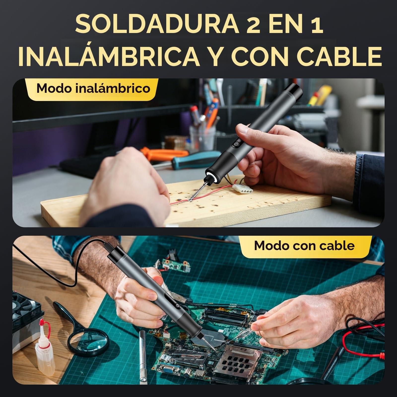 Soldador de estaño inalámbrico con LCD, 7 s de calentamiento rápido, temp. 200–450 °C, USB-C recargable, auto reposo, 3 puntas C210, kit portátil para DIY y reparación electrónica