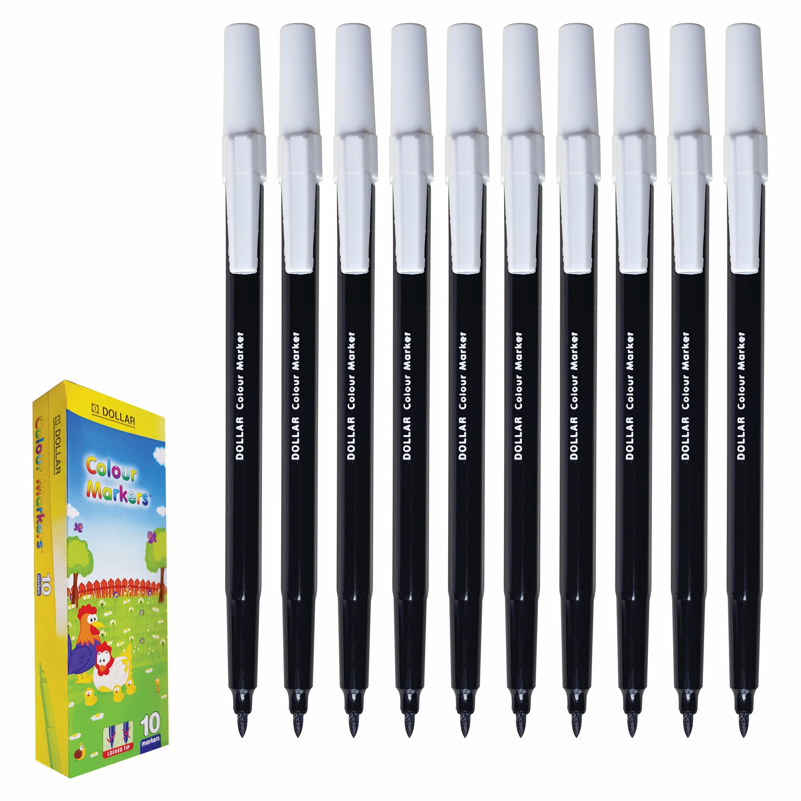 DOLLAR ColourMarkers Felt Tip Colouring Pens, BLACK, Fine Point, Pack of 10, Draw Colour Mark Sketch Write Shade Underline, School Office Home Everyday Use