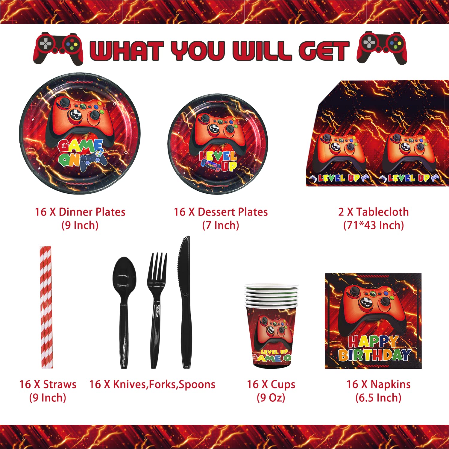 Mpanwen Fournitures de fête de jeu vidéo rouge – 202 pièces de vaisselle de jeu de jeu vidéo pour garçons – Nappe de table, assiettes, tasses, serviettes, ustensiles, pour 25 invités Mpanwen Fournitures de fête de jeu vidéo rouge – 202 pièces de vaisselle de jeu de jeu vidéo pour garçons – Nappe de table, assiettes, tasses, serviettes, ustensiles, pour 25 invités