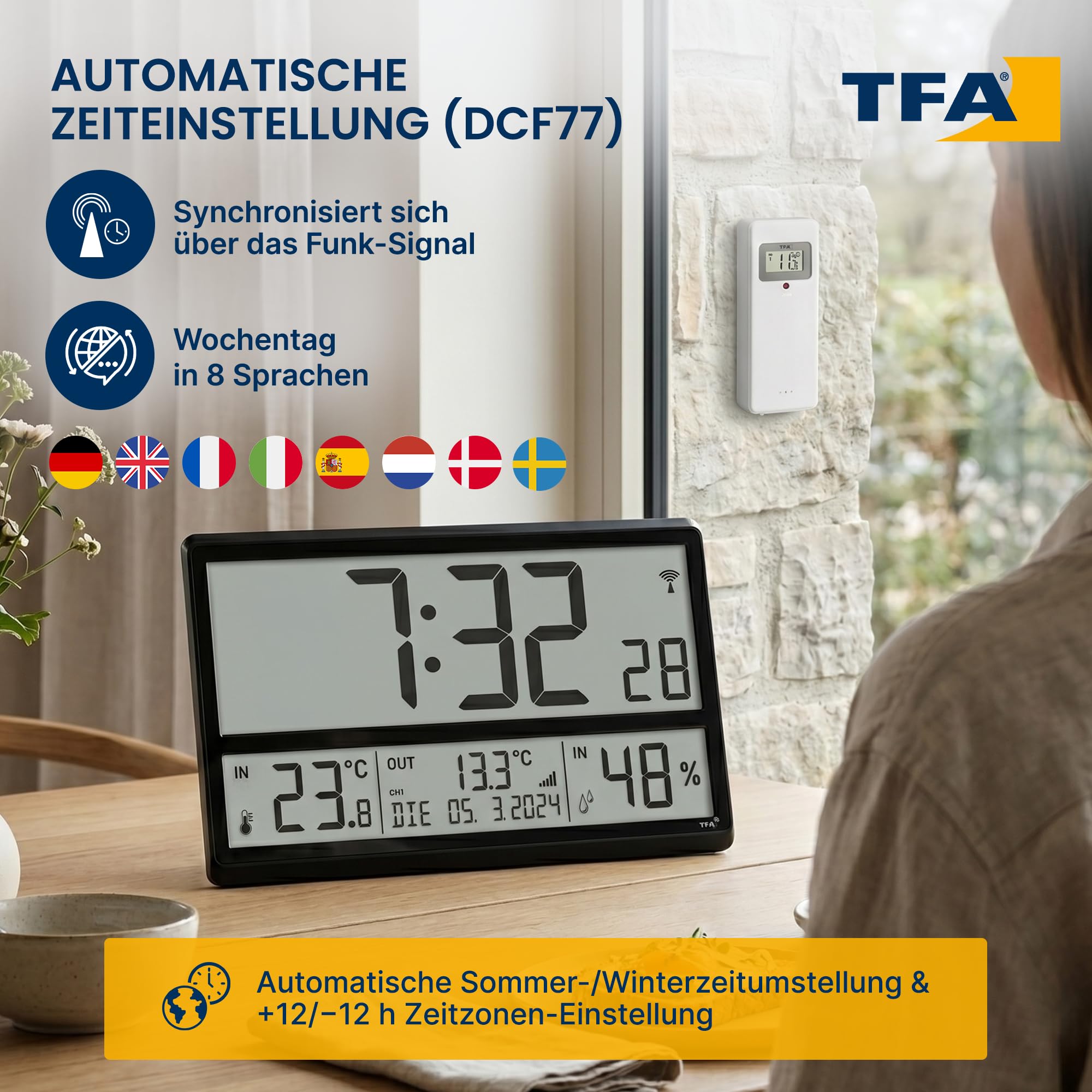 TFA Dostmann Digitale XL Wanduhr, 60.4523.01, mit Außentemperatur und Raumklima, Funkuhr, 24h Anzeige, vollständiges Datum, schwarz, (L) 360 x (B) 235 x (H) 28 (84) mm