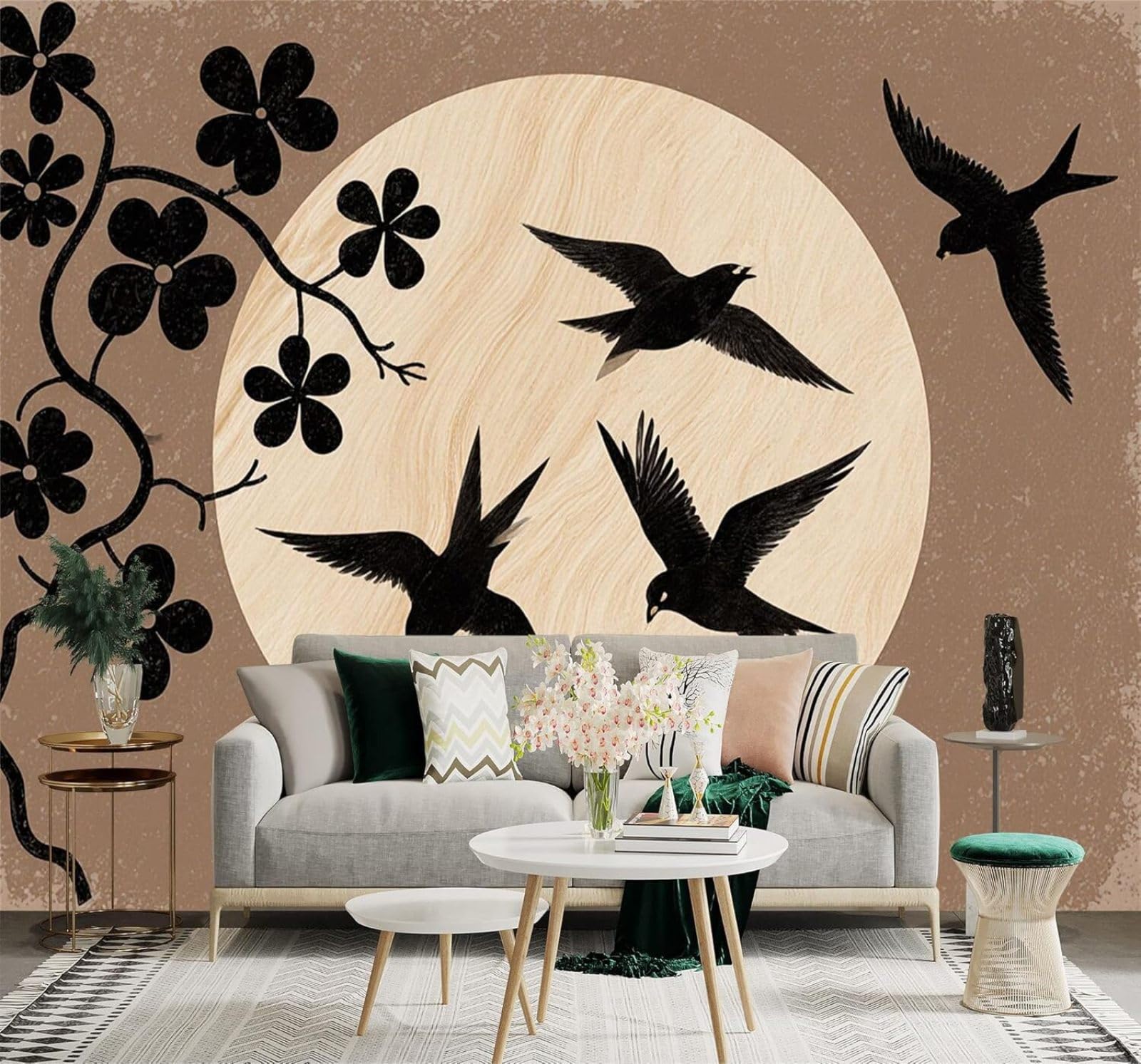 XLMING Minimalist Moon Flowers Branches Birds in Flight Nature 3D Wallpaper Silky Texture Home Study Office Grey Dining Room Sofa Bedroom Living Room TV Backdrop-400cm×280cm