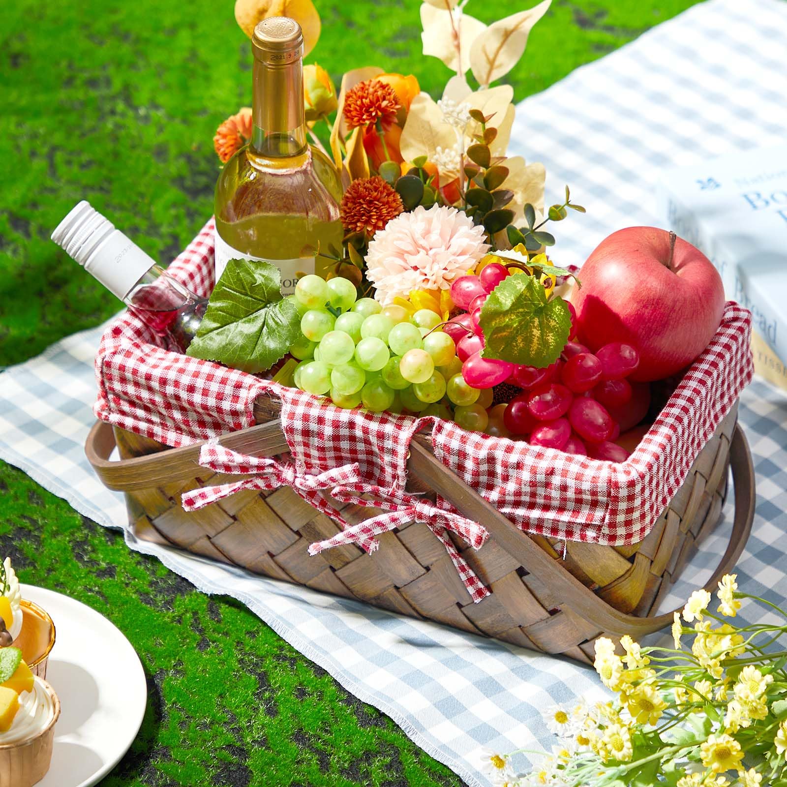 Sintuff Picknickkörbe mit Griff, handgewebter Erntekorb mit Gingham-Decke, Futter, Ostereier und Süßigkeitenkorb für Geschenke, Blumen, Eier, Süßigkeiten, Aufbewahrung, Organisation (Kaffeefarbe), 3