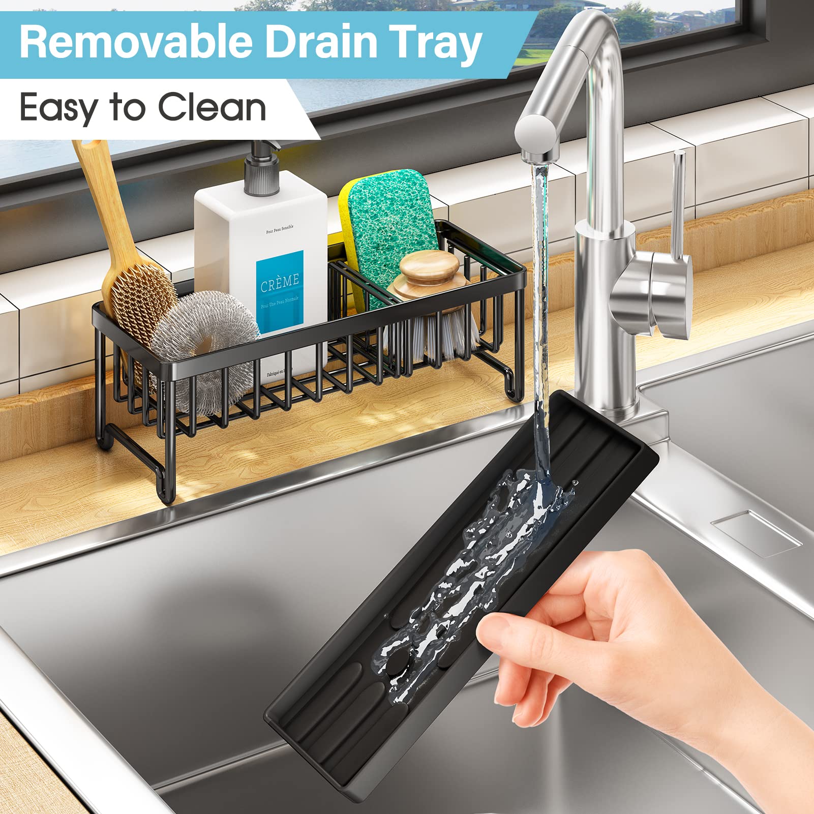 Sponge Holder for Kitchen Sink, Sink Caddy, Rustproof 304 Stainless Steel Dish Sponge Organizer with Divider, Soap Dish Dispenser Brush Holder Storage, Black