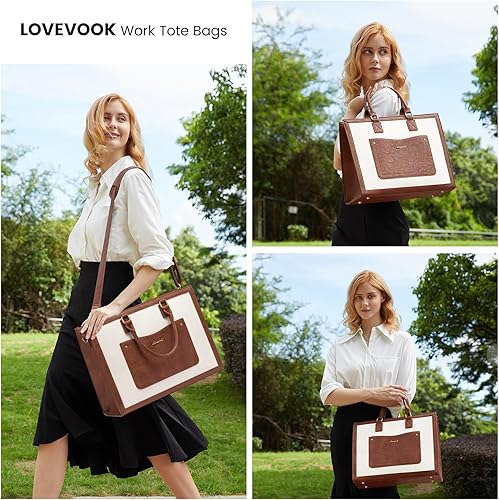 Miniatura 6 de LOVEVOOK Bolsa de mano para laptop para mujer, bolsas de trabajo de 15.6 pulgadas, bolsa de cuero vintage, bolsas impermeables para computadora con
