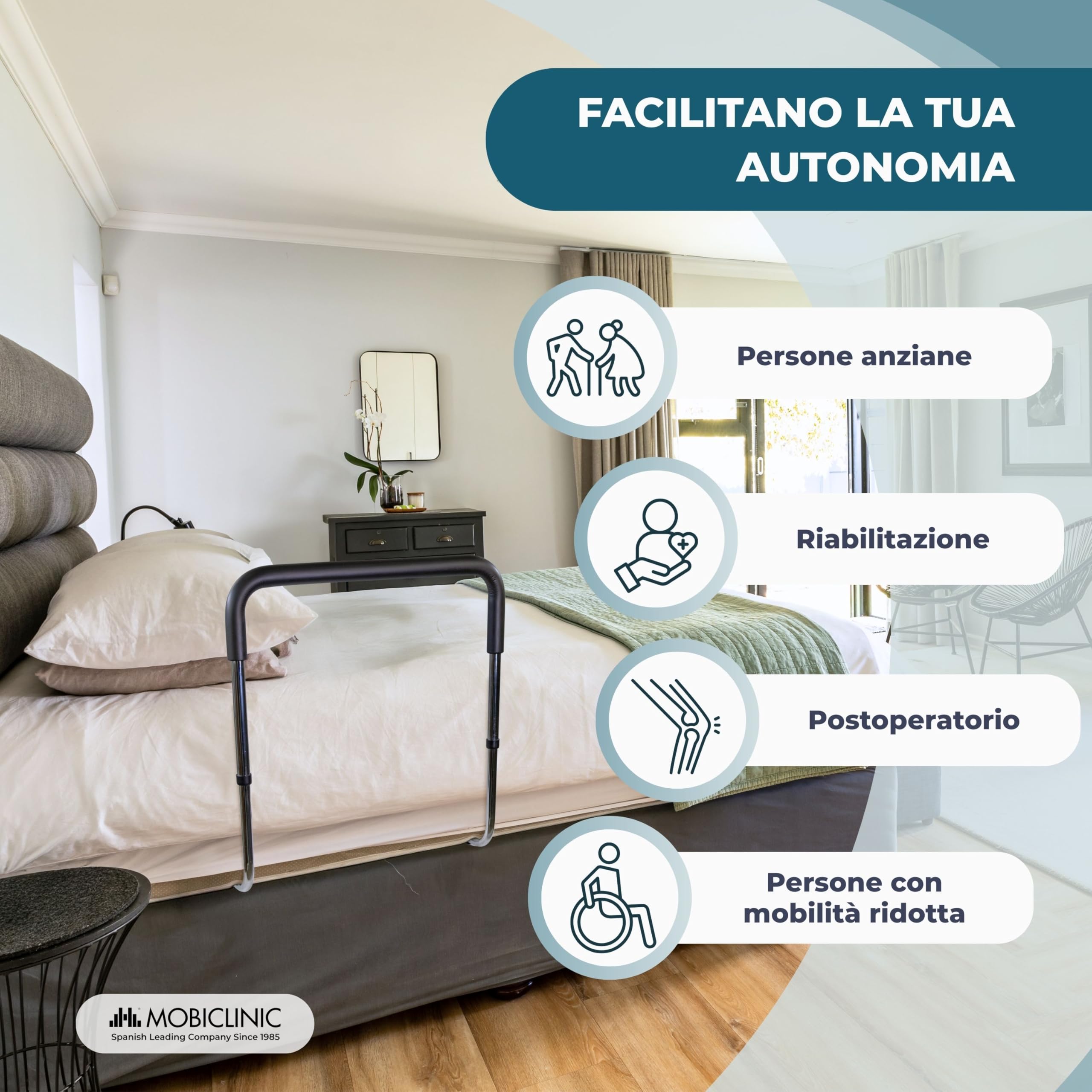 Mobiclinic®, Sponda Letto Adulti, Altezza Regolabile, Sistema di Sicurezza Extra per la Rete, Maniglia Imbottita, Montaggio Facile, Fino a 130 kg, Aiuto per Mobilità Ridotta, Acciaio, Diana