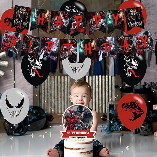 Miniatura 7 de Venom 2 - Decoraciones de fiesta de cumpleaños Venom 2, incluye pancarta, adornos para pasteles, adornos para cupcakes, globos, calcomanías, rojo,