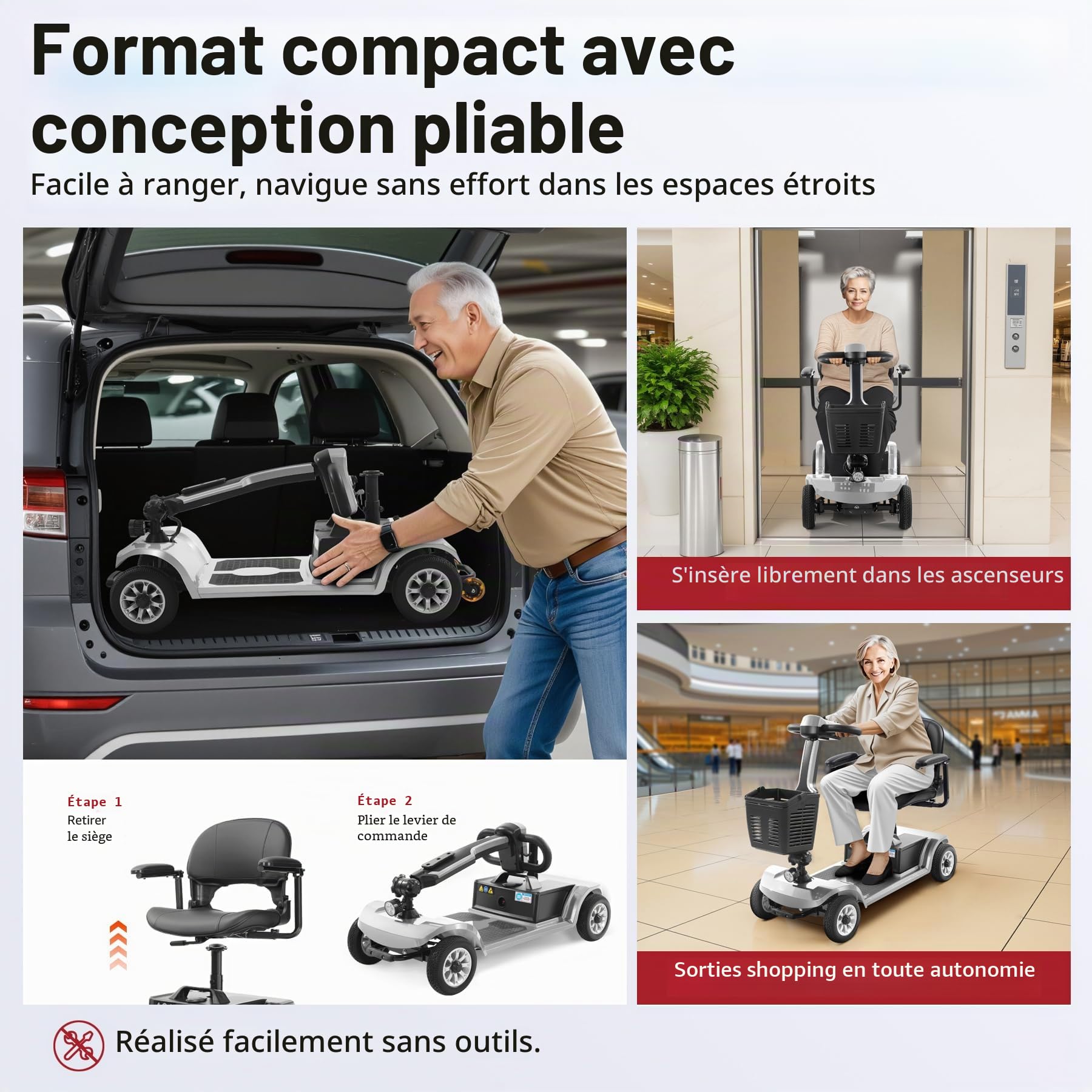 Scooter électrique pour seniors 22 km Scooter pliable à 4 roues avec panier Batterie légère Capacité de charge jusqu'à 190 kg Scooter électrique