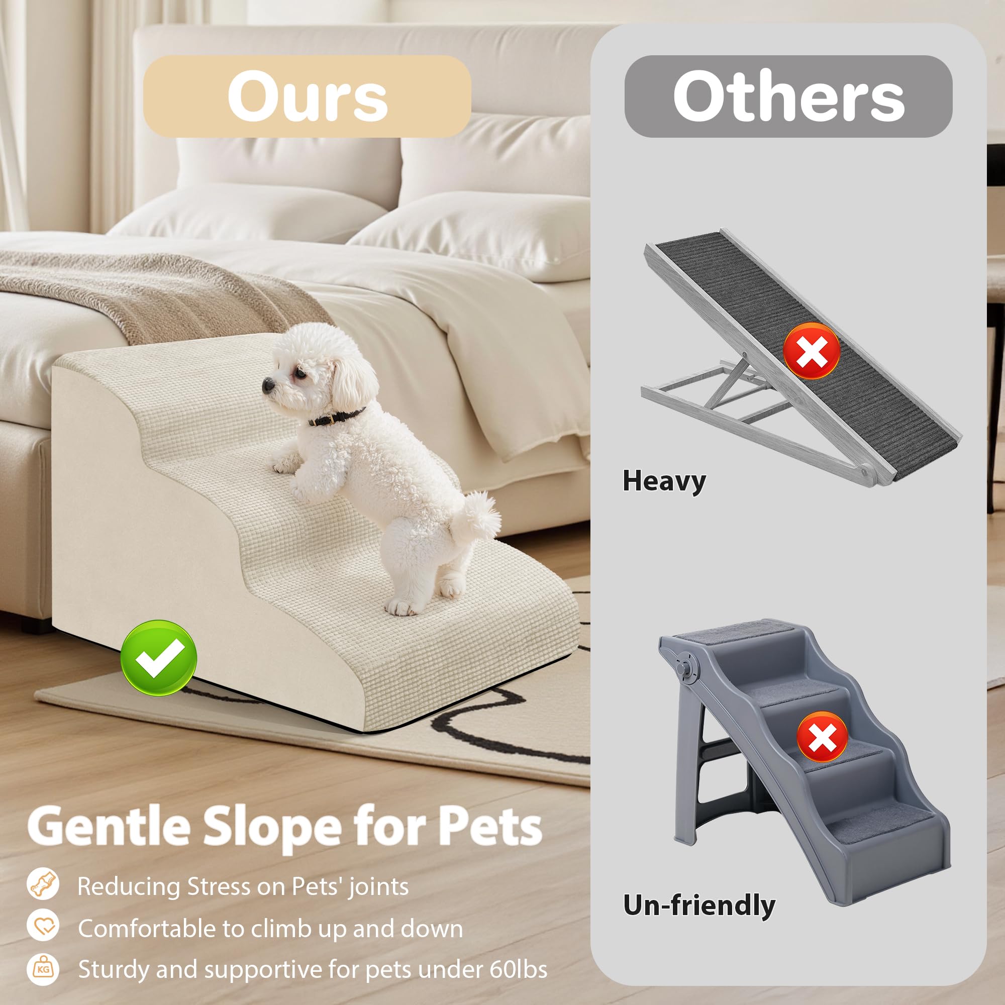 Rampa per cani a 3 gradini per cani e gatti di piccola taglia, giallo paglia, scala per animali domestici per divano e letto, in schiuma antiscivolo, con copertura rimovibile e lavabile, set di rulli