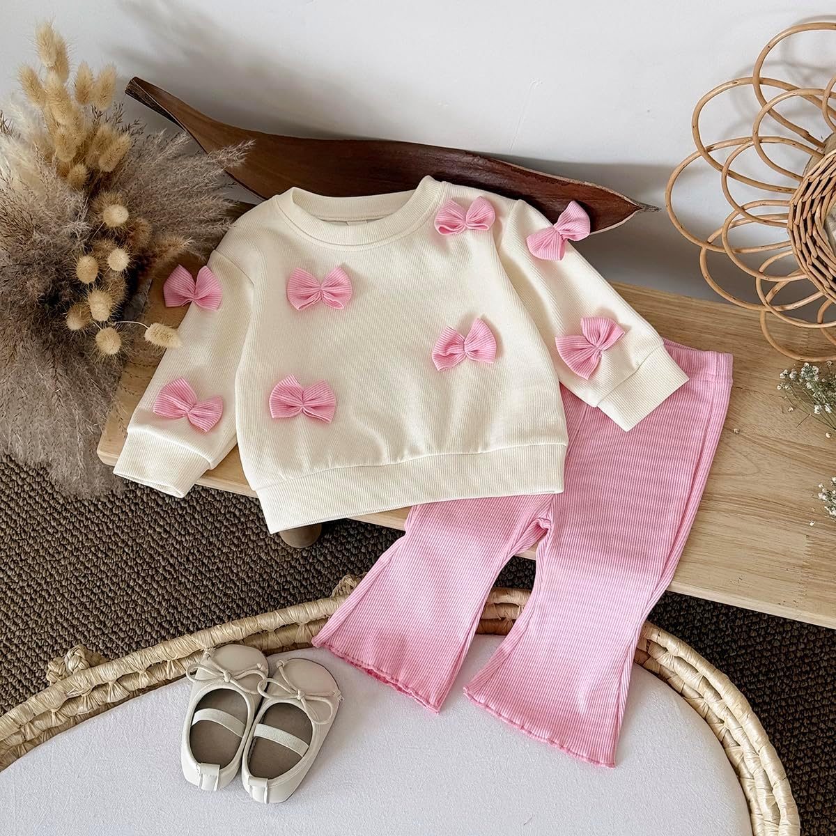 Fall Baby Girl Clothes 2 Piece Set, Long Sleeve Knit Top with Bow & Pink Flare Pants, 6M to 3T Toddler Girl Outfits - Image 5