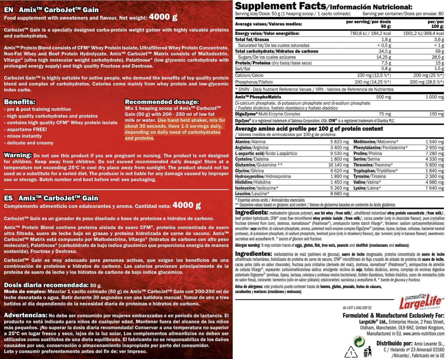 AMIX - Proteína en Polvo Carbojet Gain - Suplemento con Hidratos de Carbono -Proteína para Ganar Masa Muscular - Ideal para Atletas de Élite - Sabor Fresa - 4 KG