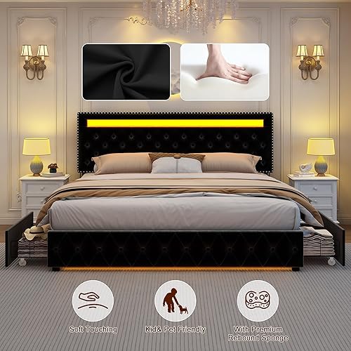 Miniatura 17 de GEGOFORU - Base de cama LED Queen con 4 cajones de almacenamiento, con control inteligente RGBW luces LED cabecera, control de color bricolaje,