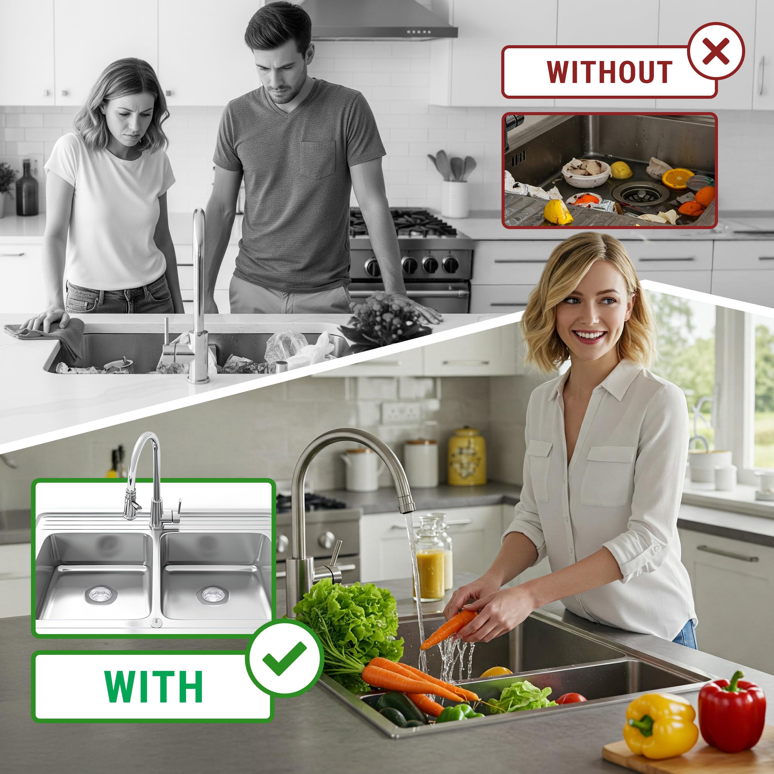 Paquete de 2 coladores de drenaje para fregadero de cocina y baño – Colador de fregadero de acero inoxidable 3 en 1, tapón de fregadero, escurridores de platos, filtro de enchufe pequeño, cubierta de