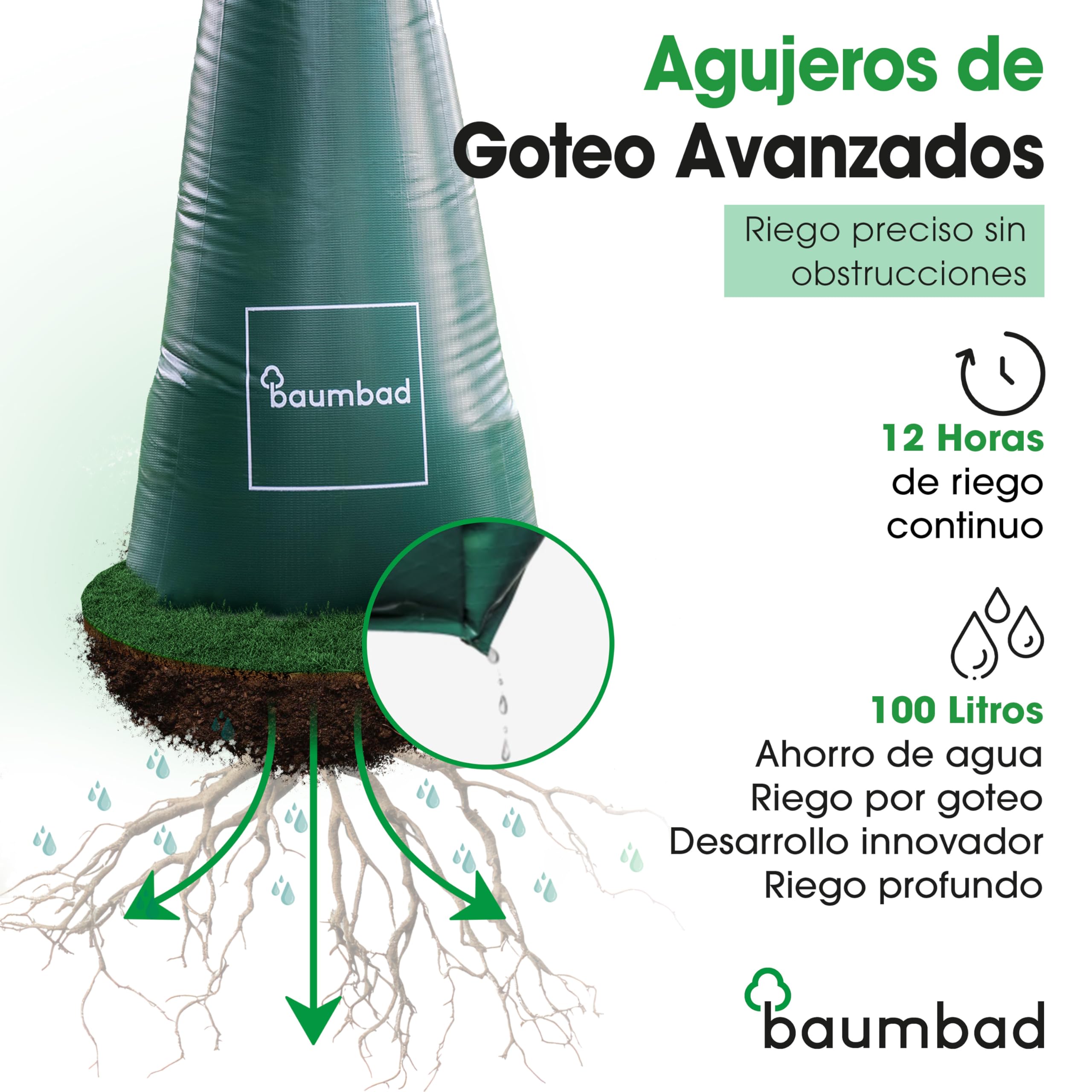 baumbad 5 bolsas de riego premium de 100 litros, PVC resistente a los rayos UV, saco para árbol de riego, color verde
