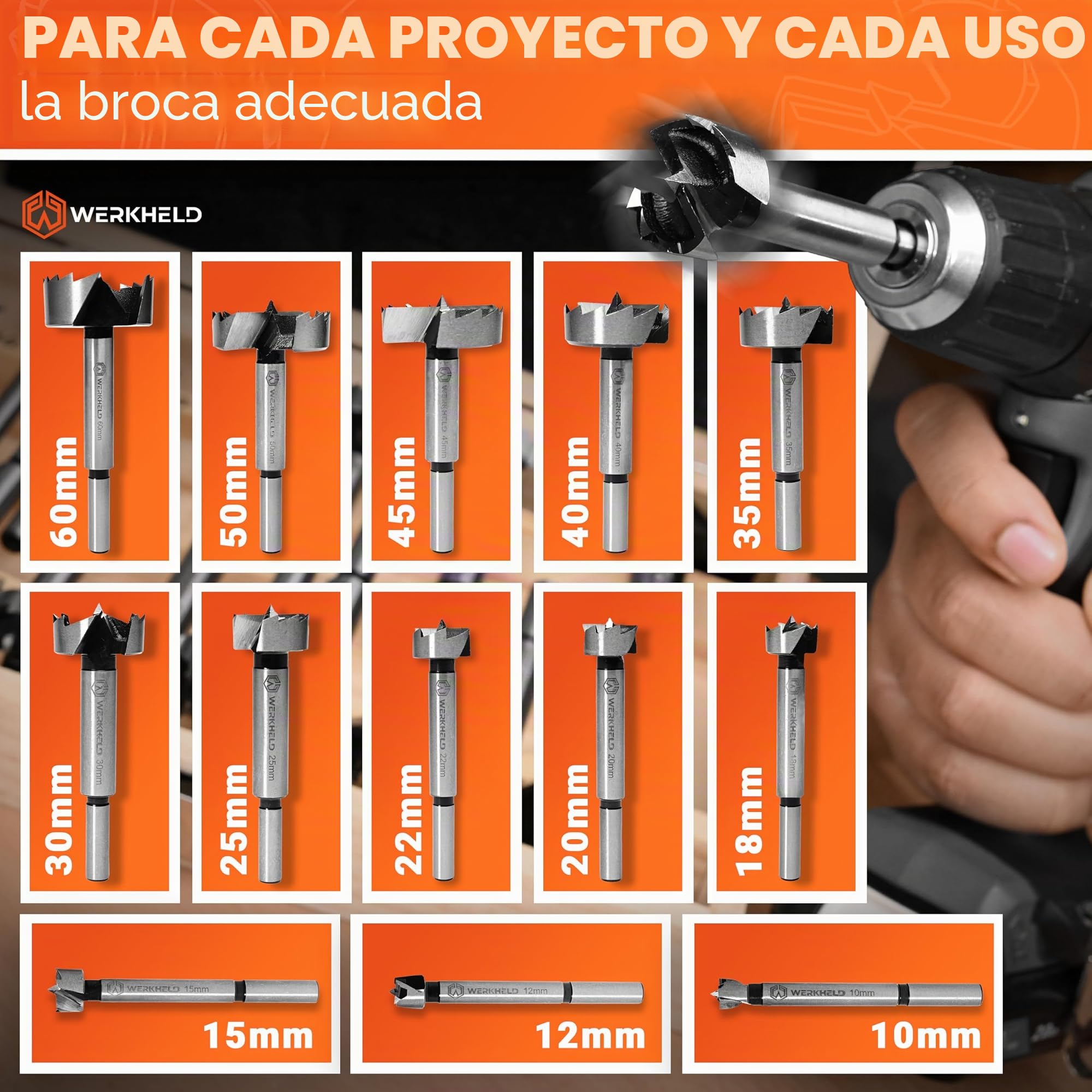 Juego de brocas Forstner [13 brocas perforadoras de 10 a 60 mm] – Herramienta profesional para taladros precisos y limpios en madera [incluye caja para almacenamiento]