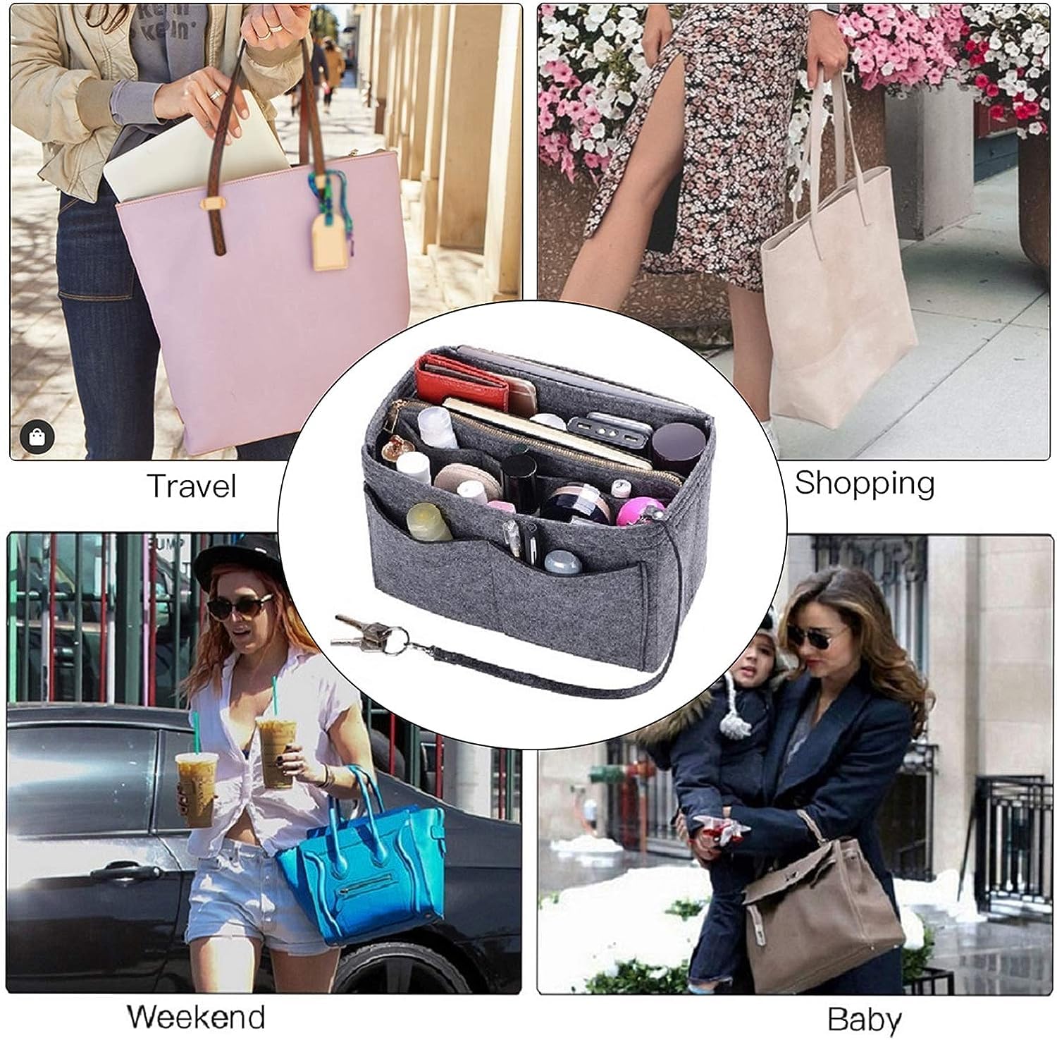 Purse Organizer Insert for Handbags, Premium Felt Organizer with Zipper Pocket (Large, Grey) 4