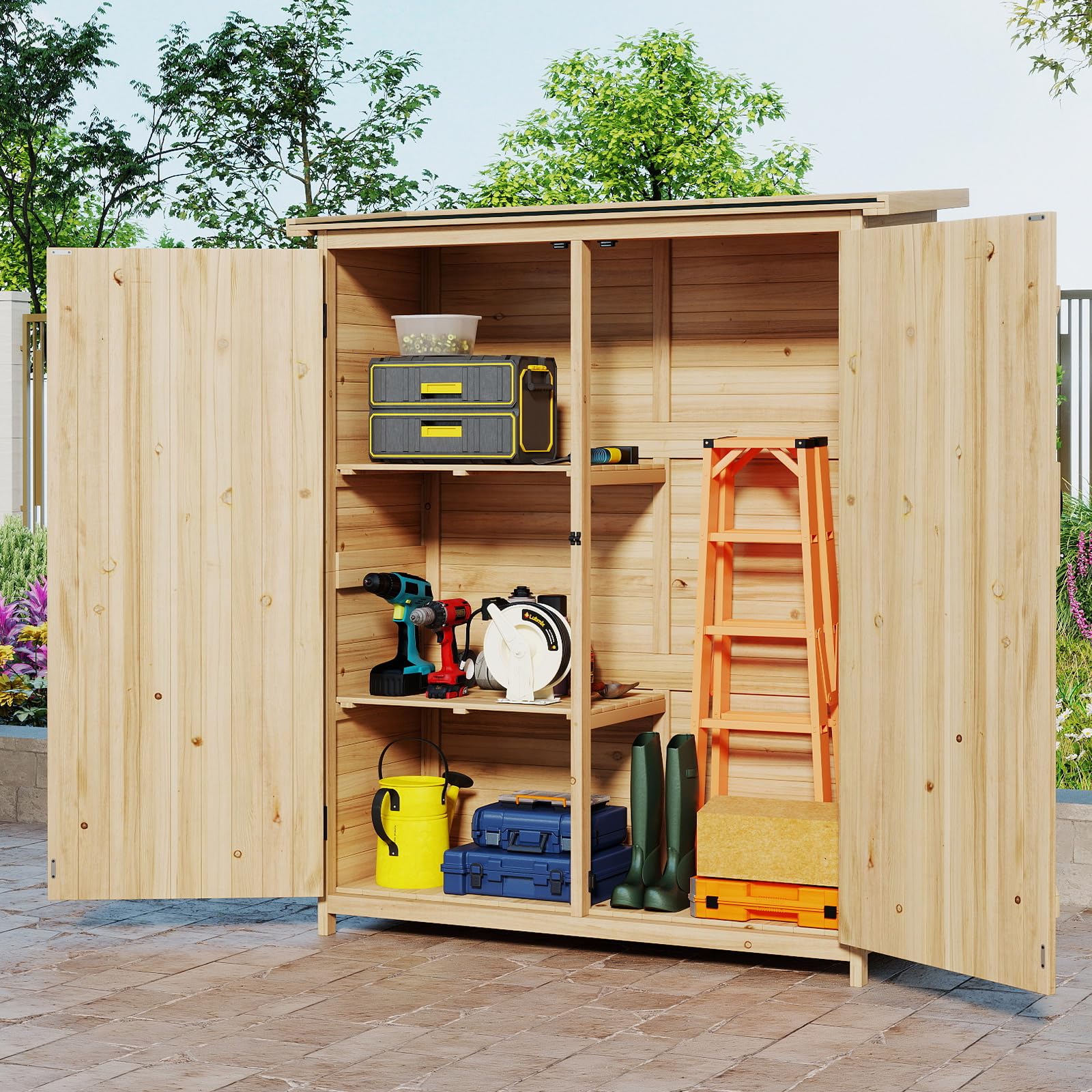 RELAX4LIFE - Caseta de jardín de madera, 127 x 47 x 163 cm, cabaña de jardín con techo de asfalto inclinado, estantes desmontables, doble puerta con cerradura para exterior trasero, patio trasero