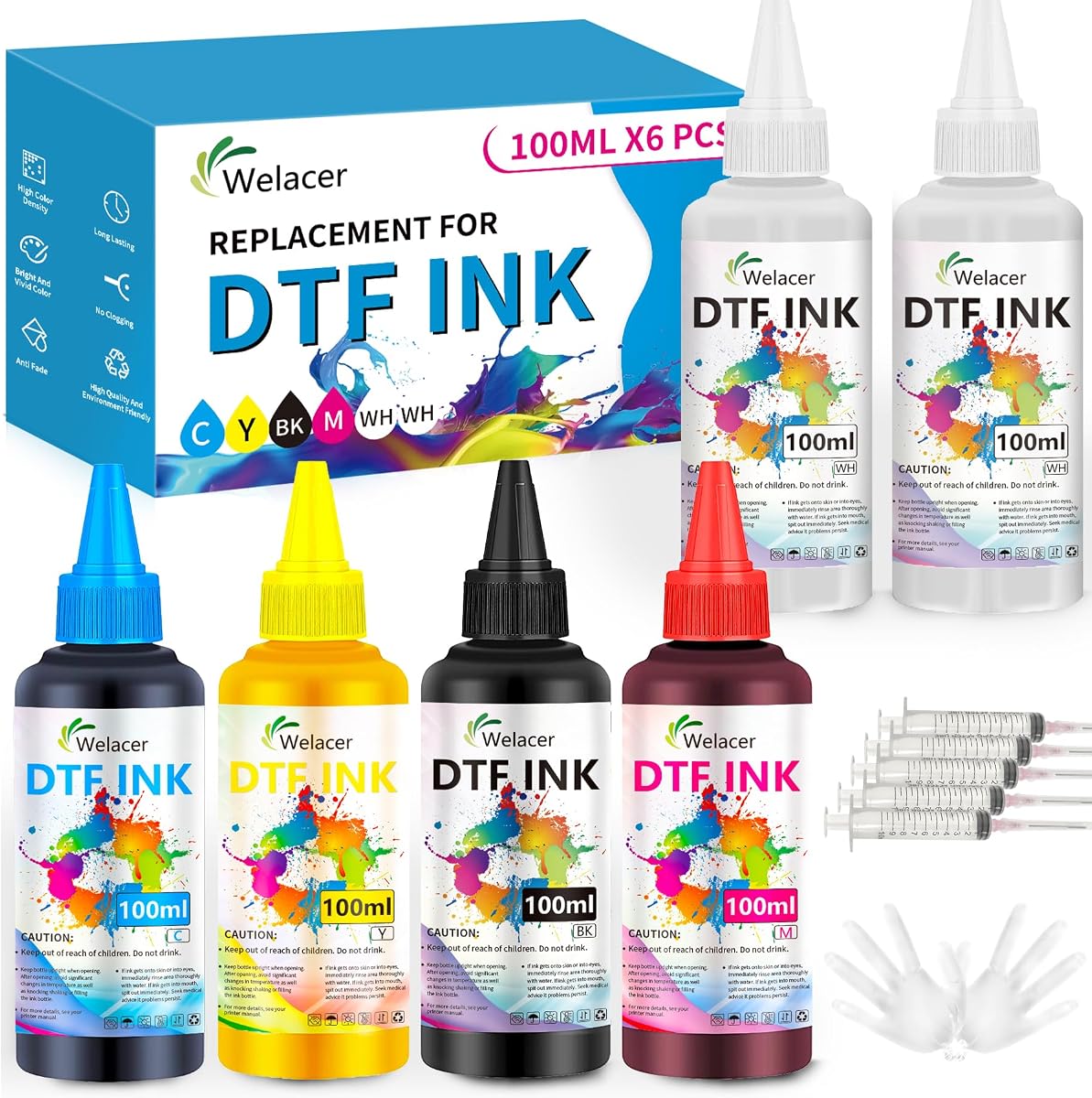 DTF Ink 5Color Kit 100ml x 6 Heat Transfer Ink Refill ET-8550 I3200 | Ink Kit for ET-8550,ET-2850 L1800,R1390,I3200,XP600,XP-15000,DX5,DX7,TX800,L800,1430,P400 for All DTF Printers&Film(2Wh,CMYK)