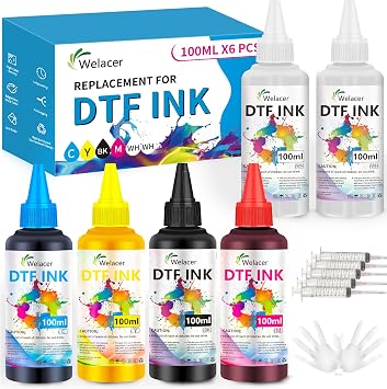 DTF Ink 5Color Kit 100ml x 6 Heat Transfer Ink Refill ET-8550 I3200 | Ink Kit for ET-8550,ET-2850 L1800,R1390,I3200,XP600,XP-15000,DX5,DX7,TX800,L800,1430,P400 for All DTF Printers&Film2Wh,CMYK