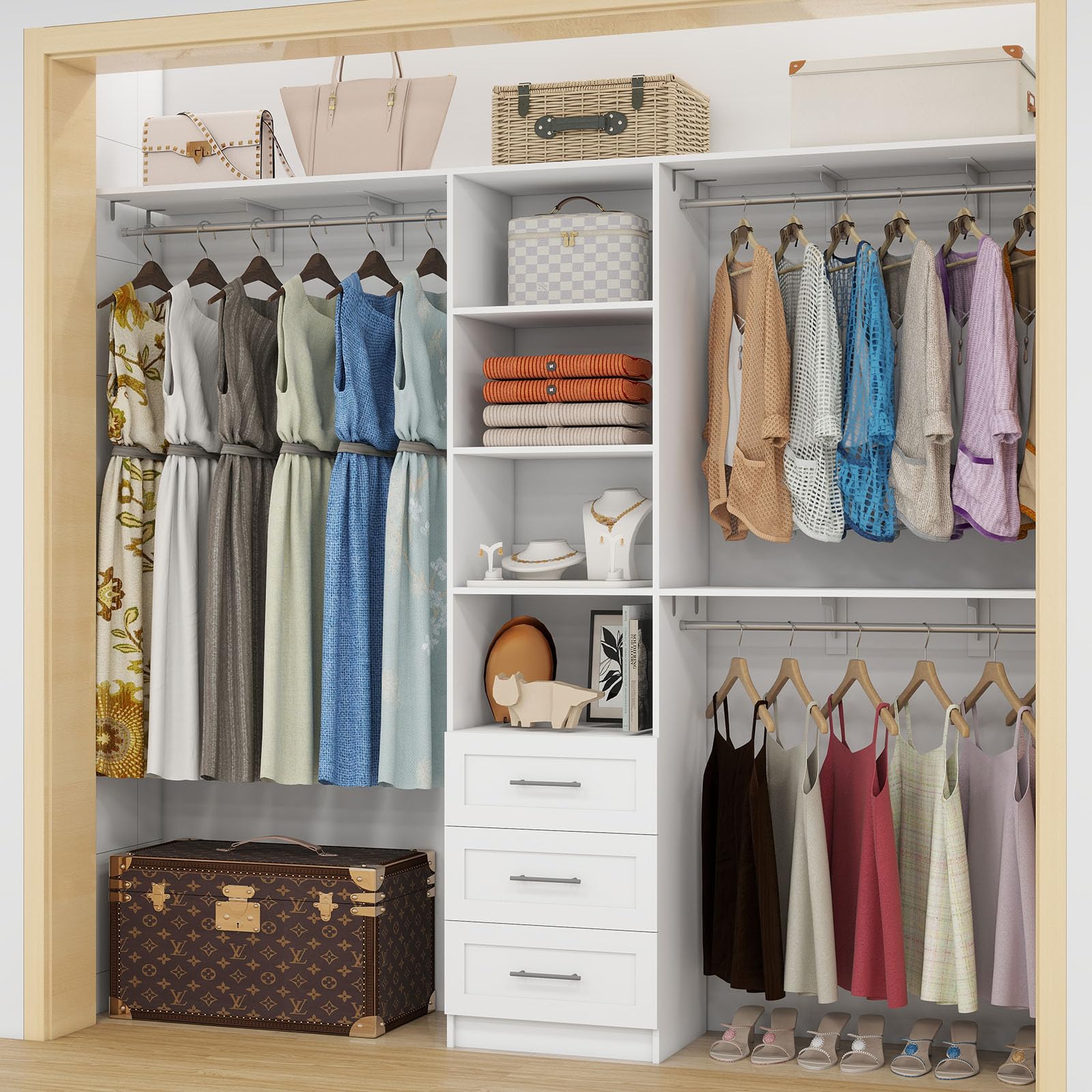 Dilando Closet Organizer System with Drawers, 8FT Closet Shelving System 96
