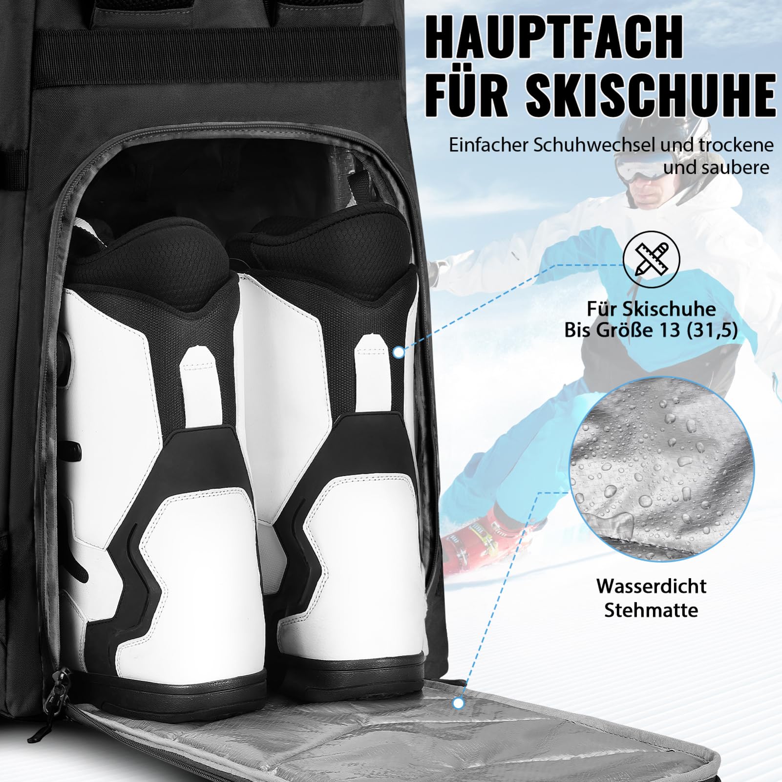 YOREPEK Skischuhtasche mit Helmfach und Rucksackgurten, 65L Groß Skitasche mit 8 Fächern