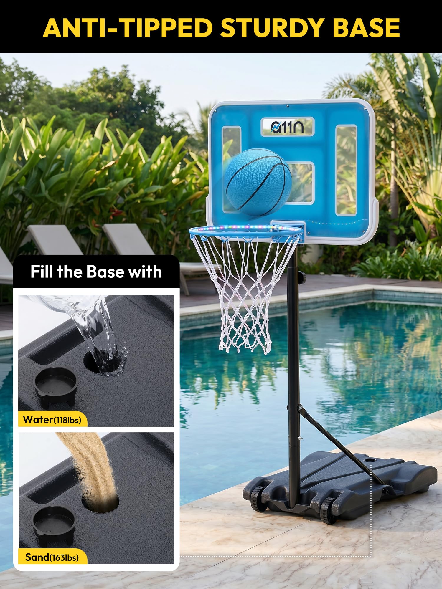 A11N Sports Pool-Basketballkorb mit 41,9 cm LED-Rand, verstellbare Höhe, PET-Rückwand, stabiler Boden, Ball und Pumpe im Lieferumfang enthalten – Wasser-Basketballspiel für Pool-Spielen