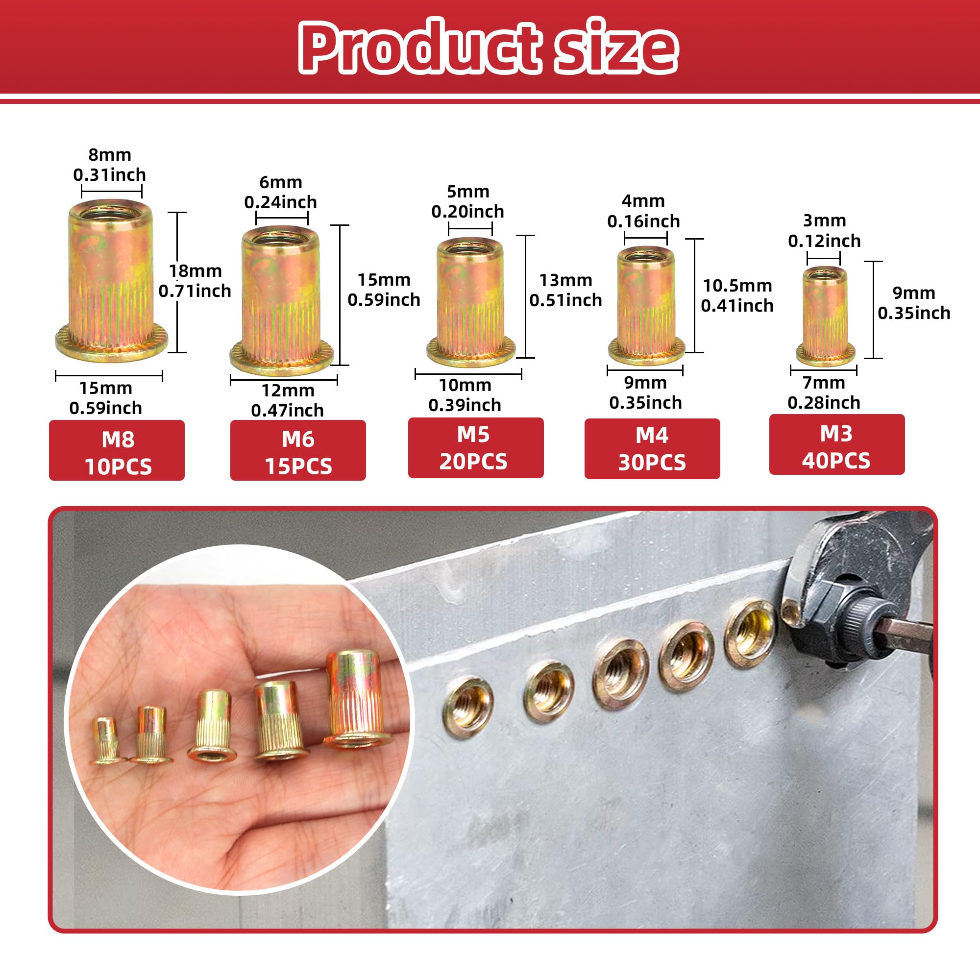 Kit di utensili per rivetti da 35,5 cm con 5 mandrini metrici, rivettatrice manuale professionale