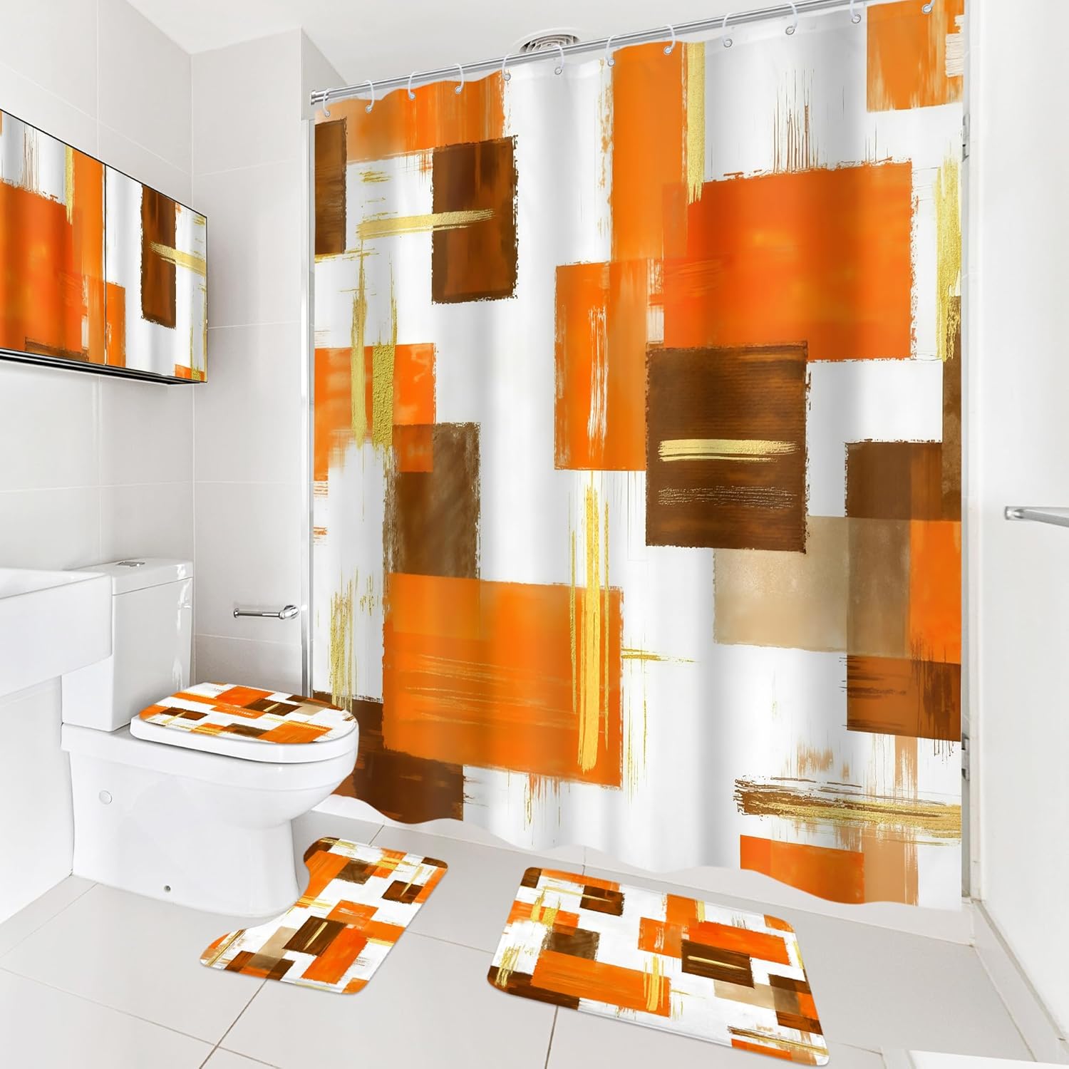 Cinbloo 4Pcs Orange Gold Shower Curtain Set,Abstract Girls Ombre Blush Simple Words Oil Painting Modern Bathroom Curtain with Rug, Toilet Lid Cover, Bath Mat,Geometrical Shower Curtain with 12 Hooks